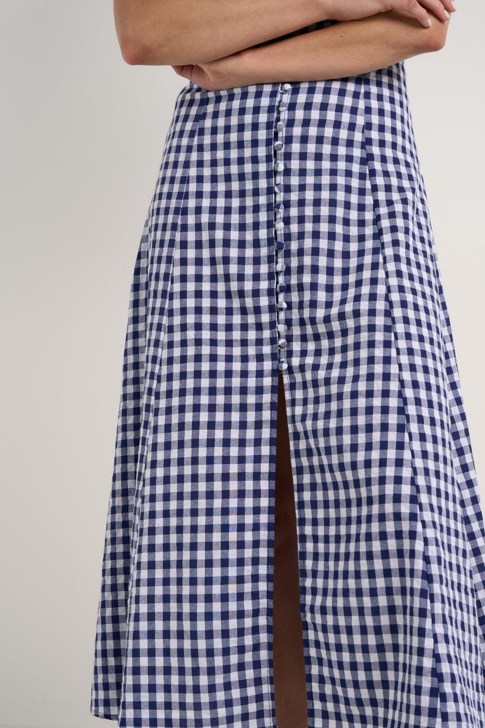 Flawless Navy Gingham Cotton Fluted Sleeve Button Front Midi Dress for Women | Summer Casual & Office Wear | Perfect for Brunch, Work, and Special Occasions