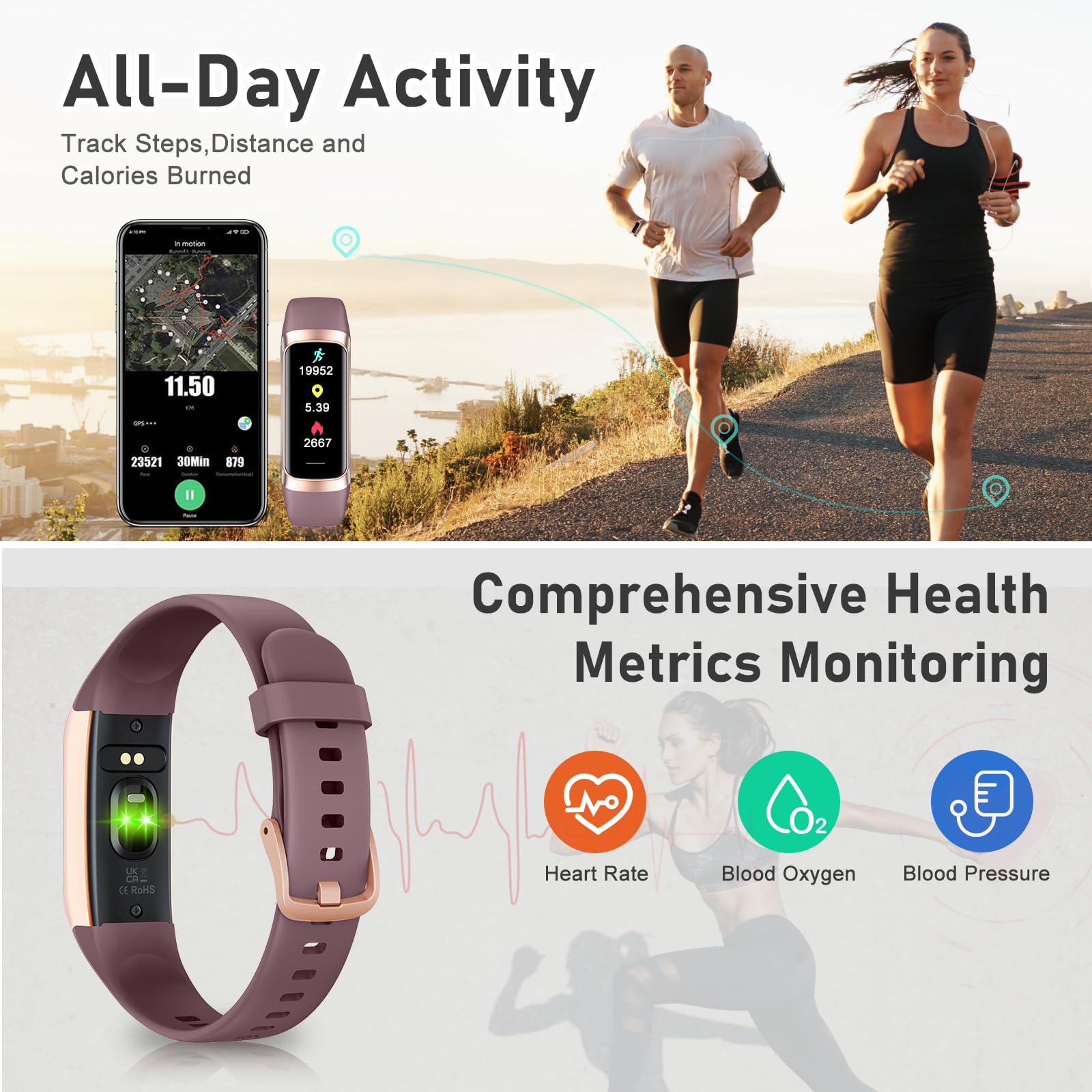 Smart Fitness Tracker with Heart Rate Monitor, Step Counter, Calorie & Sleep Tracking - 1.1'' AMOLED Touch Screen Activity Watch for Women, Men & Kids | Perfect for Gym, Running & Daily Health Monitoring