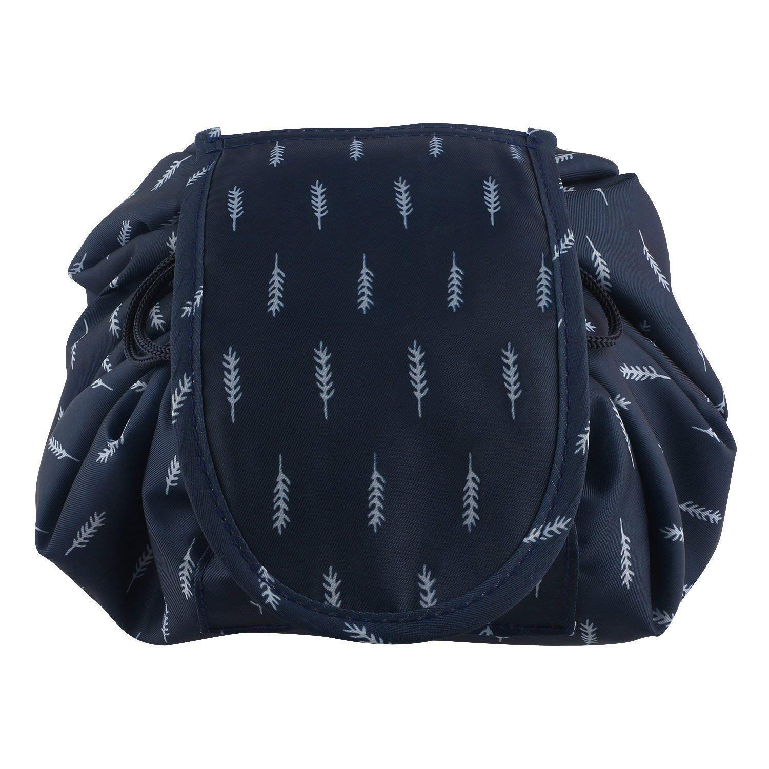 Dark Blue Leaf Drawstring Makeup Bag - Portable Travel Cosmetic Pouch for Toiletries & Multifunctional Storage | Perfect for Travel, Gym & Daily Organization