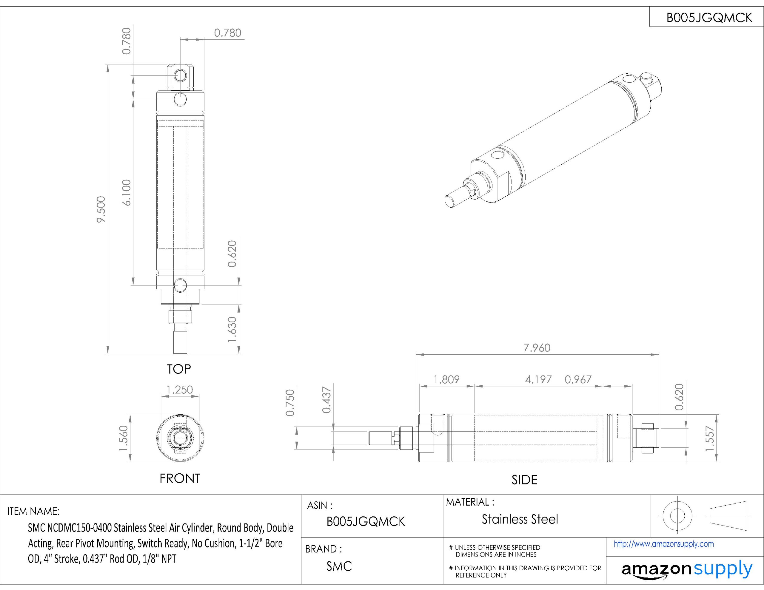 SMC NCDMC150-0600 Stainless Steel Air Cylinder - Double Acting, Round Body, Rear Pivot Mount, 1-1/2