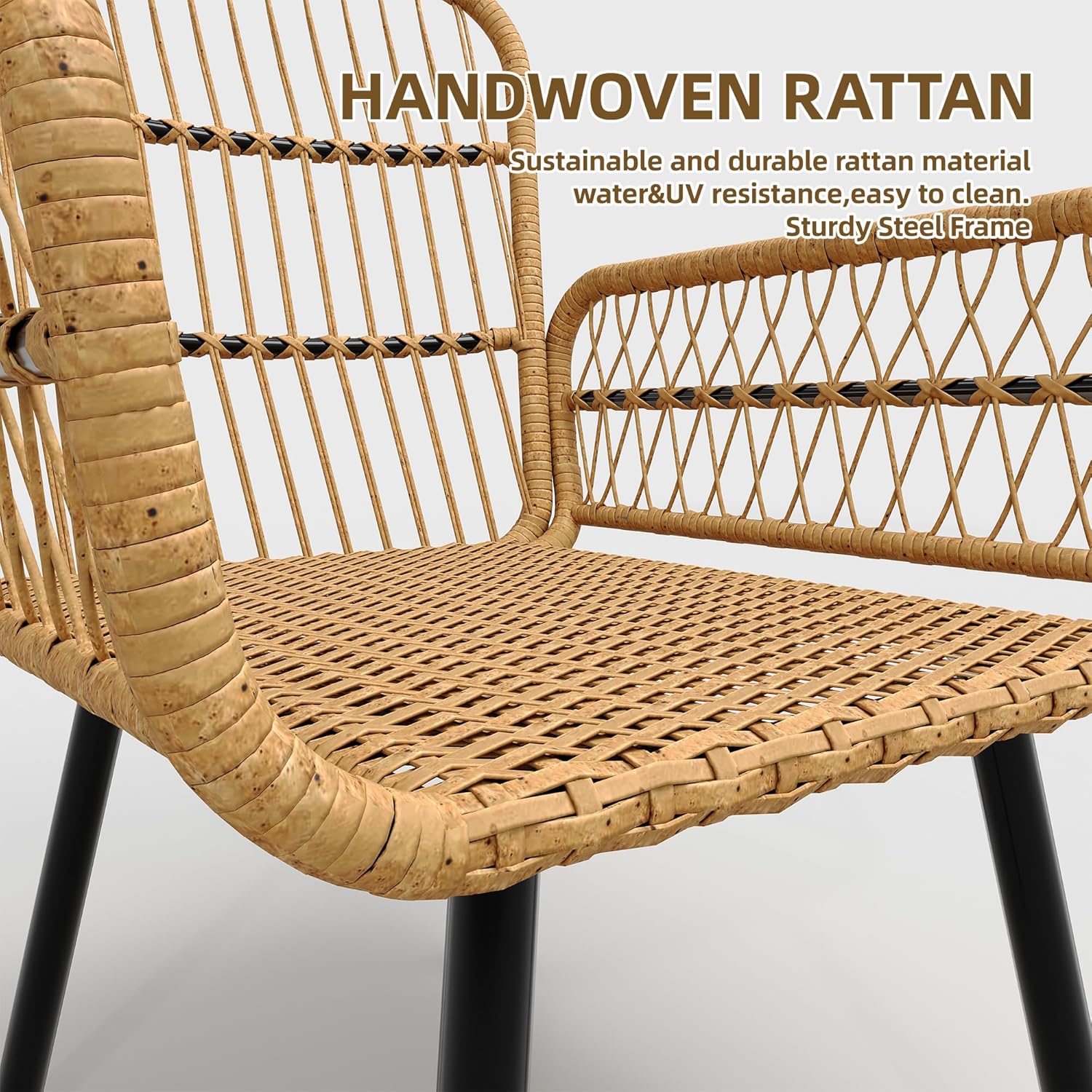 GARVEE 3-Piece Outdoor Wicker Patio Bistro Set - All-Weather Rattan Conversation Set with Glass Top Coffee Table & Cushioned Chairs - Perfect for Poolside, Garden, Backyard, Balcony & Patio Decor - Beige