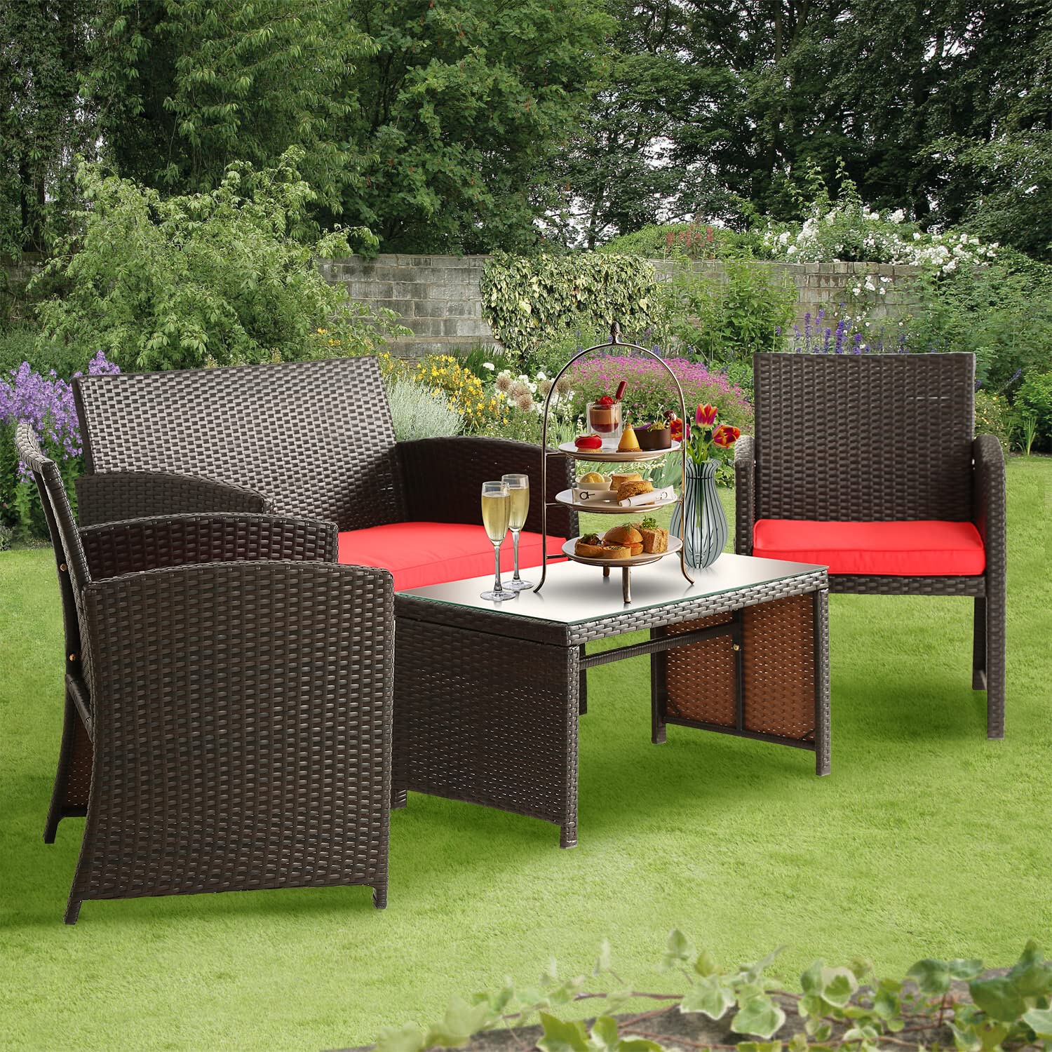 4-Piece Outdoor Patio Furniture Set with Cushions - Red Balcony Chairs & Table for Garden, Porch, Backyard Relaxation & Entertaining