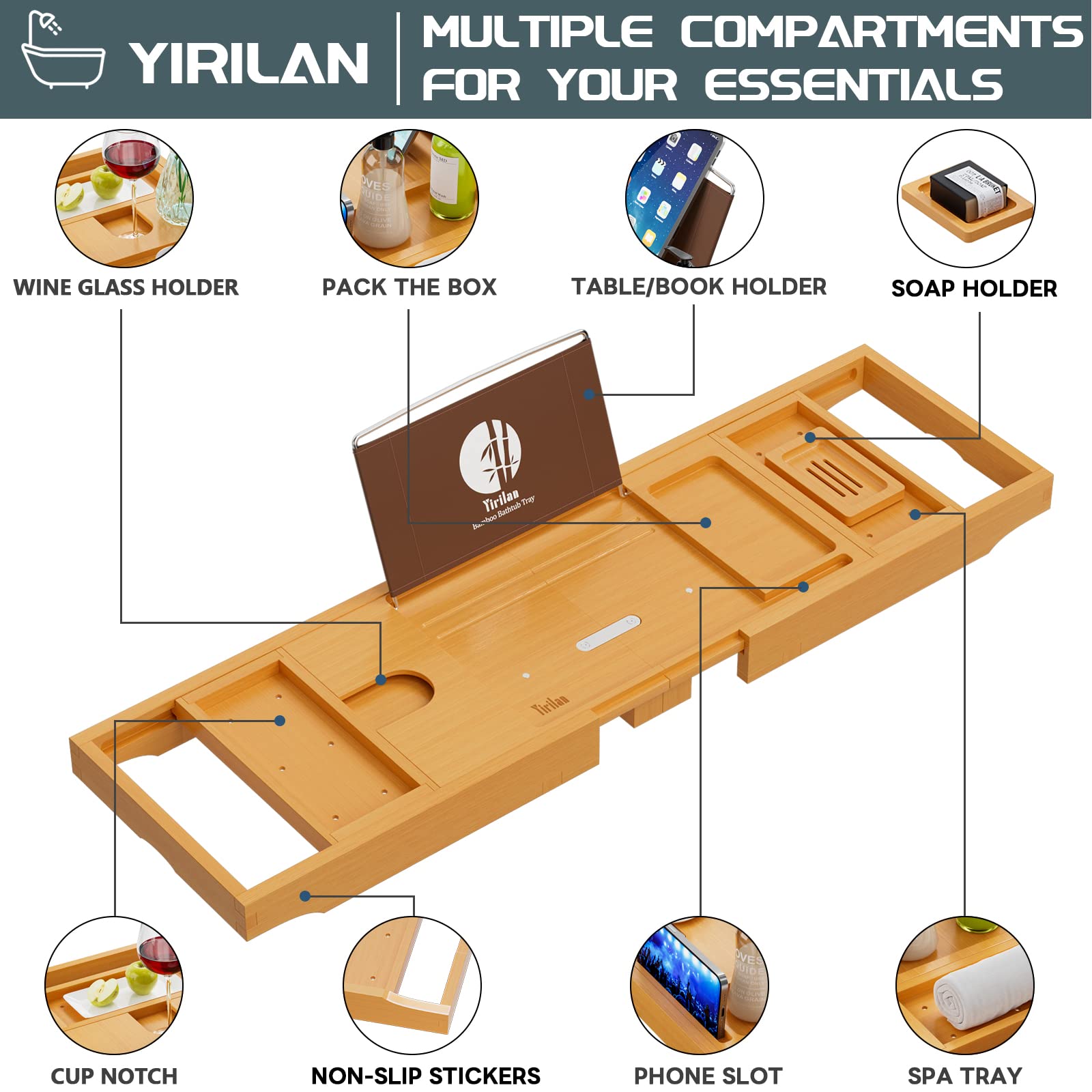 Premium Expandable Bathtub Tray Caddy - Adjustable Wooden Bath Tray for Relaxation, Reading & Spa - Perfect Housewarming Gift for Women & Men - Ideal for Bathroom, Spa Days & Self-Care Moments