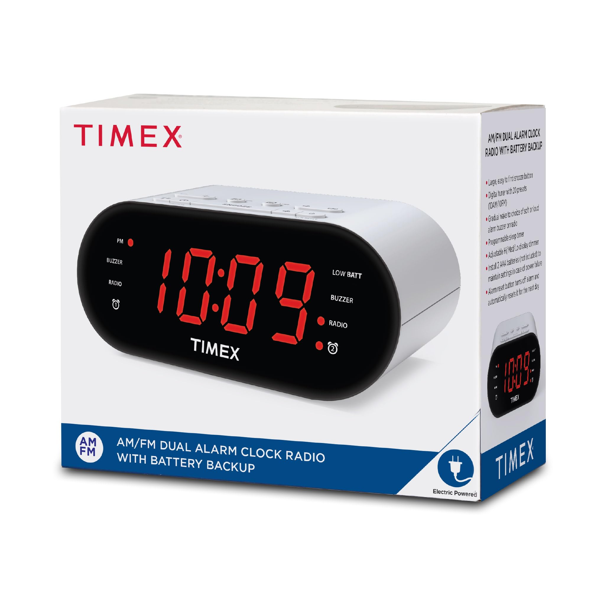 Timex T231W Digital Alarm Clock with AM/FM Radio - 20 Station Presets, Dual Alarms, Programmable Timer, Snooze & Volume Control | Perfect for Bedroom, Office and Travel Use