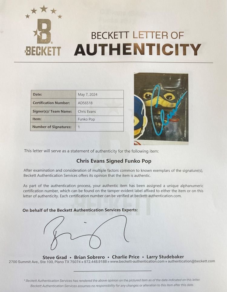 Chris Evans Signed Captain America Funko Pop #573 Endgame - Blue Variant with BAS LOA | Marvel Collectible for Display & Gifting
