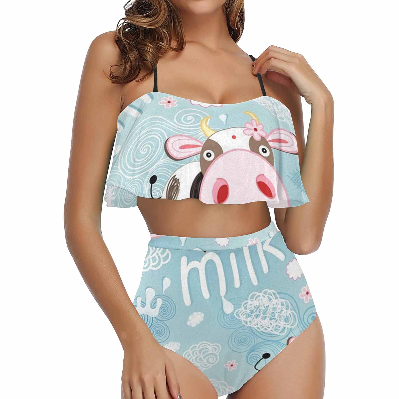 InterestPrint Women's High Waisted Flounce Bikini Set - Cow & Milk with Clouds Print Swimwear for Beach, Pool & Summer Vacations