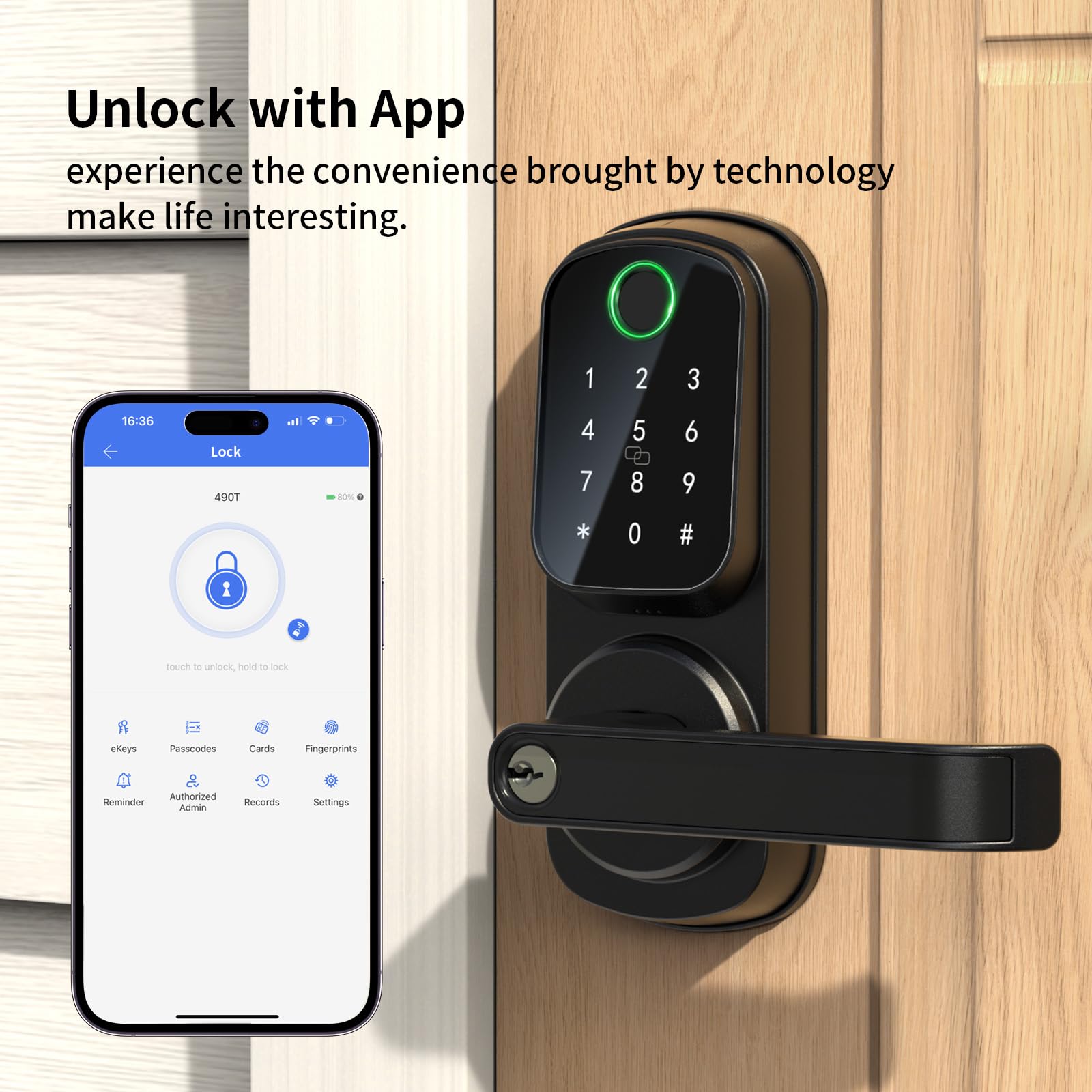 IRONZON Smart Keyless Entry Door Lock with Handle - 5-in-1 Keypad Deadbolt for Front Door (Fingerprint, Password, Key, APP Control) - Perfect for Home Security & Vacation Rentals