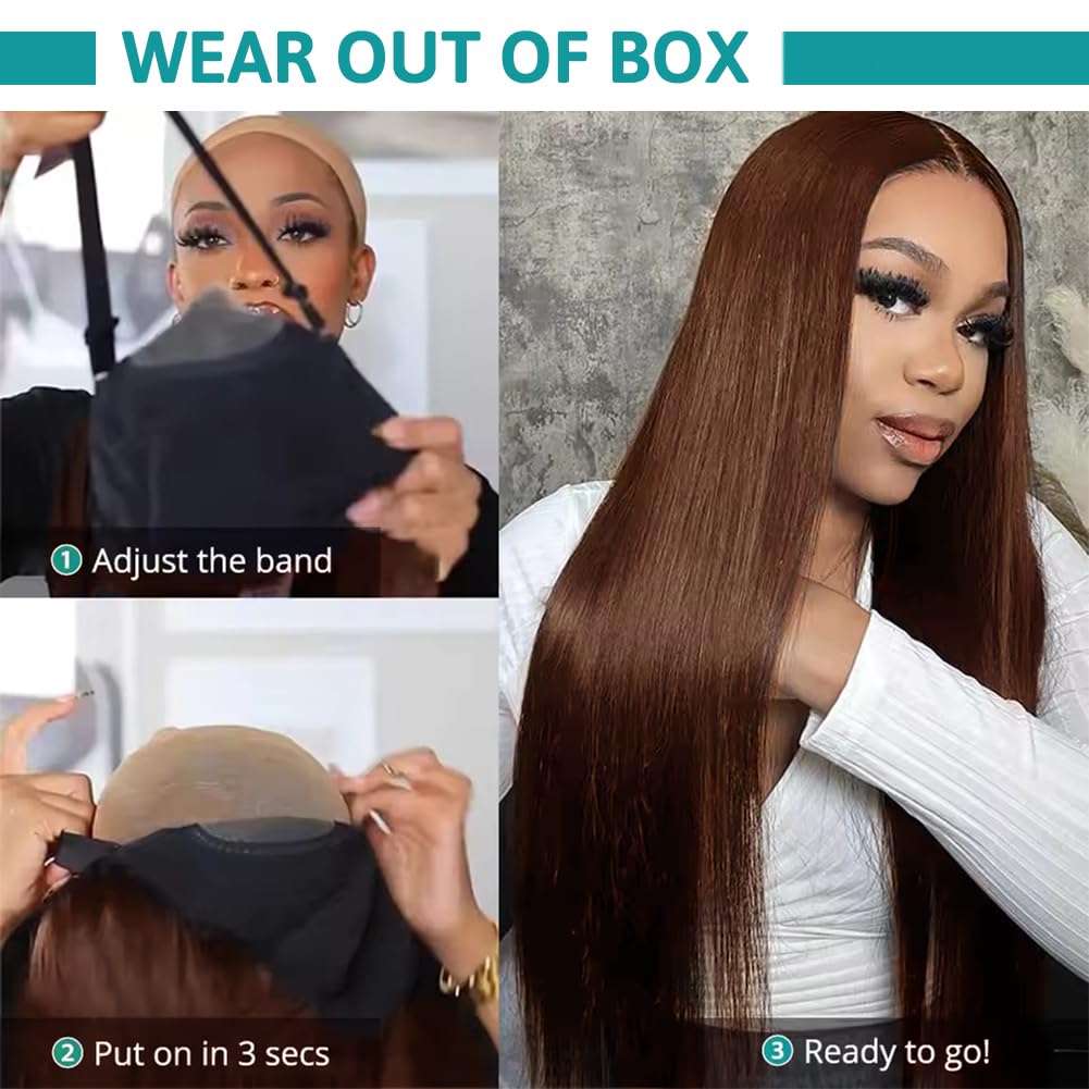 FTQZKEY 24 Inch Glueless Human Hair Wigs for Women - Pre Plucked 7x5 Lace Front Wig, Brown Straight HD Lace Closure, 220% Density, No Glue Ready to Wear | Perfect for Daily Wear, Parties & Special Occasions