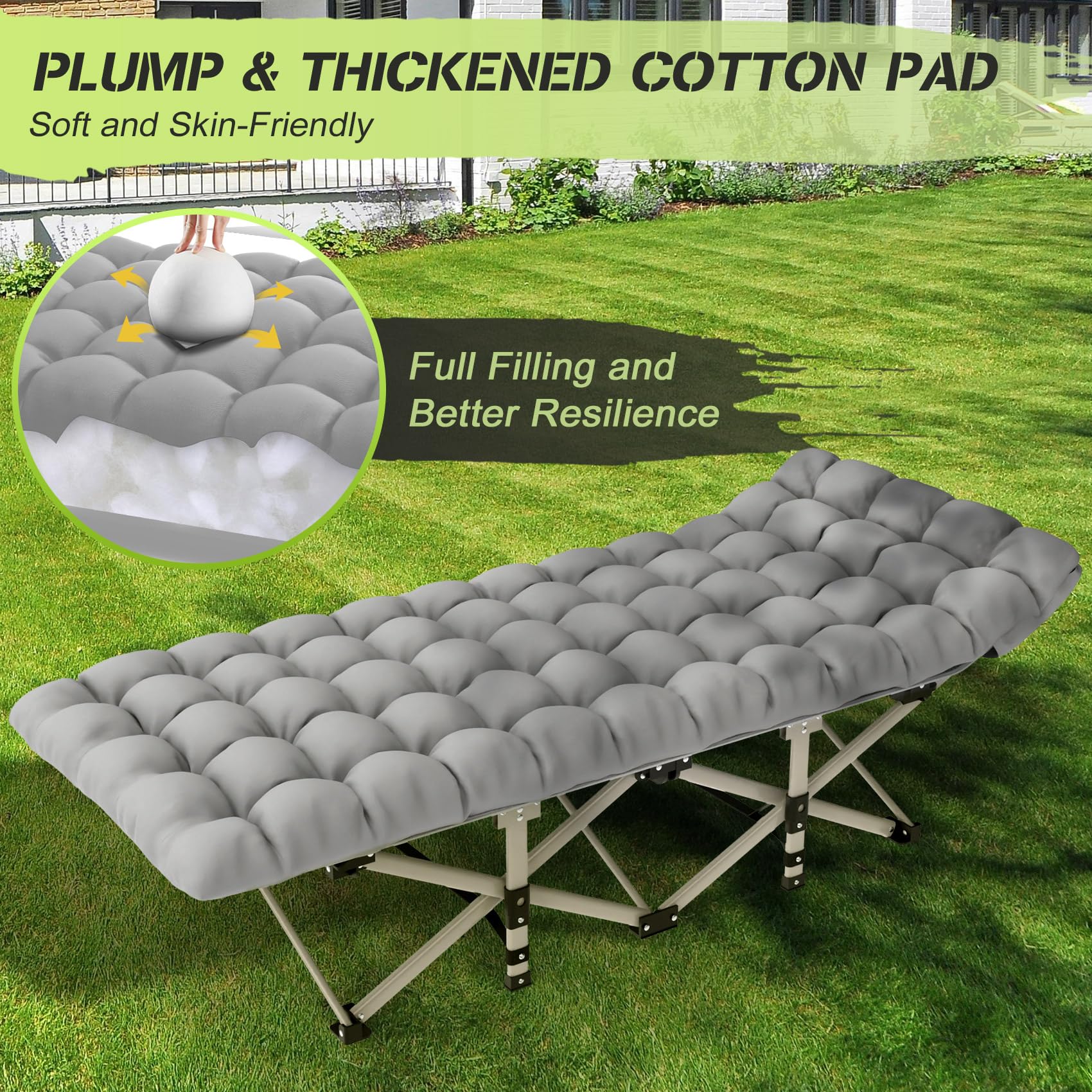 Suteck Heavy Duty Camping Cot for Adults - 500LBS Capacity Portable Folding Bed with Soft Pad & Carry Bag - 1200D Double Layer Oxford Fabric - Ideal for Camping, Hiking, Travel, Beach, Office Nap & Home Use (Grey)