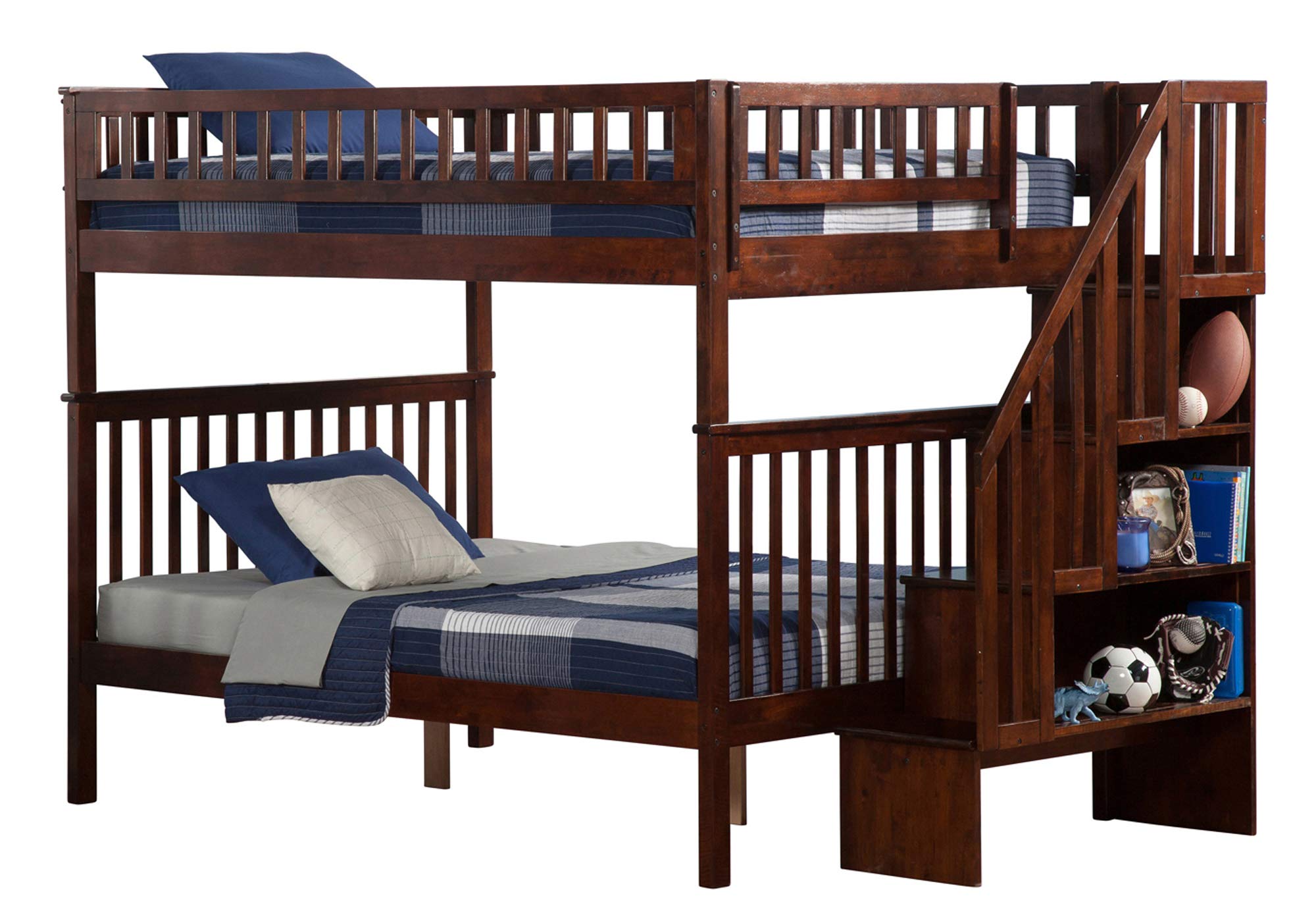 AFI Woodland Staircase Bunk Bed with Turbo Charger - Full/Full Size, Walnut Finish - Space-Saving Kids Bedroom Furniture for Siblings or Sleepovers
