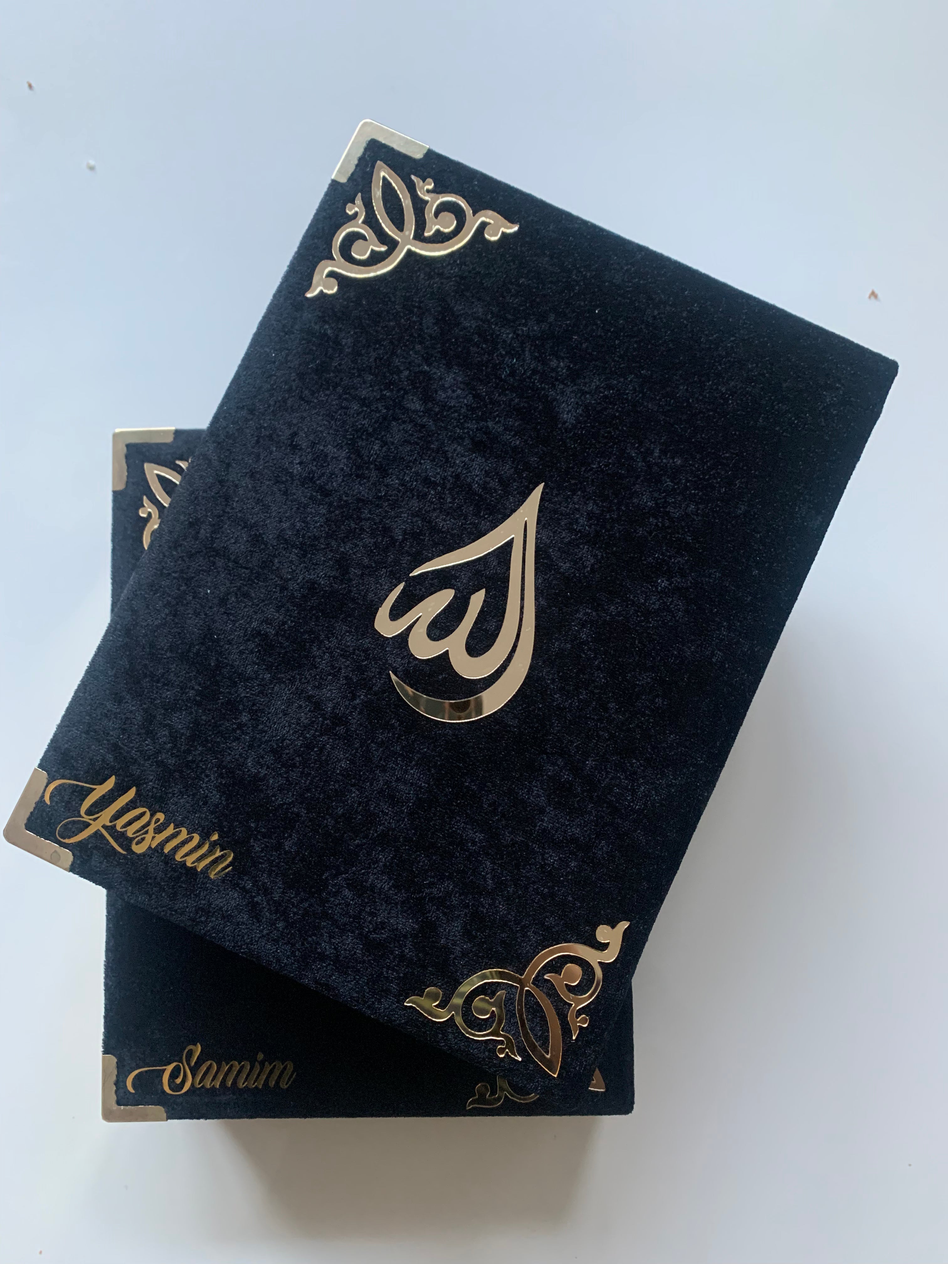 Personalized Velvet Quran in Kaba Box - 5 Piece Islamic Gift Set for Ramadan, Eid, Wedding & Home Decor