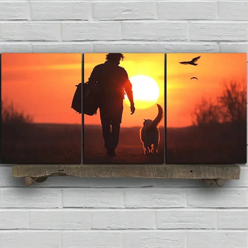 3-Piece Metal Wall Art Print - Man and Dog Carrying Guitar - Ready to Hang Home Decor - Perfect for Living Room, Bedroom or Office