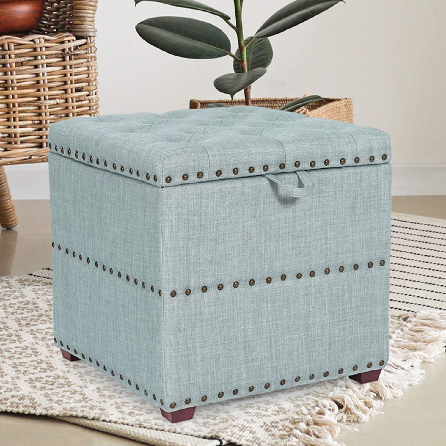 Asense Tufted Linen Storage Ottoman with Tray - Square Cube Footstool, Footrest & Seat for Living Room, Bedroom & Nursery - Multi-Functional Storage Ottoman with Removable Tray for Home Decor