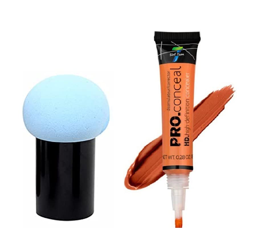 Professional Fit HD Waterproof Concealer Cream (Orange) + Mushroom Blender Soft Powder Puff - Natural Look Makeup for Flawless Coverage | Perfect for Parties, Photos & Everyday Wear