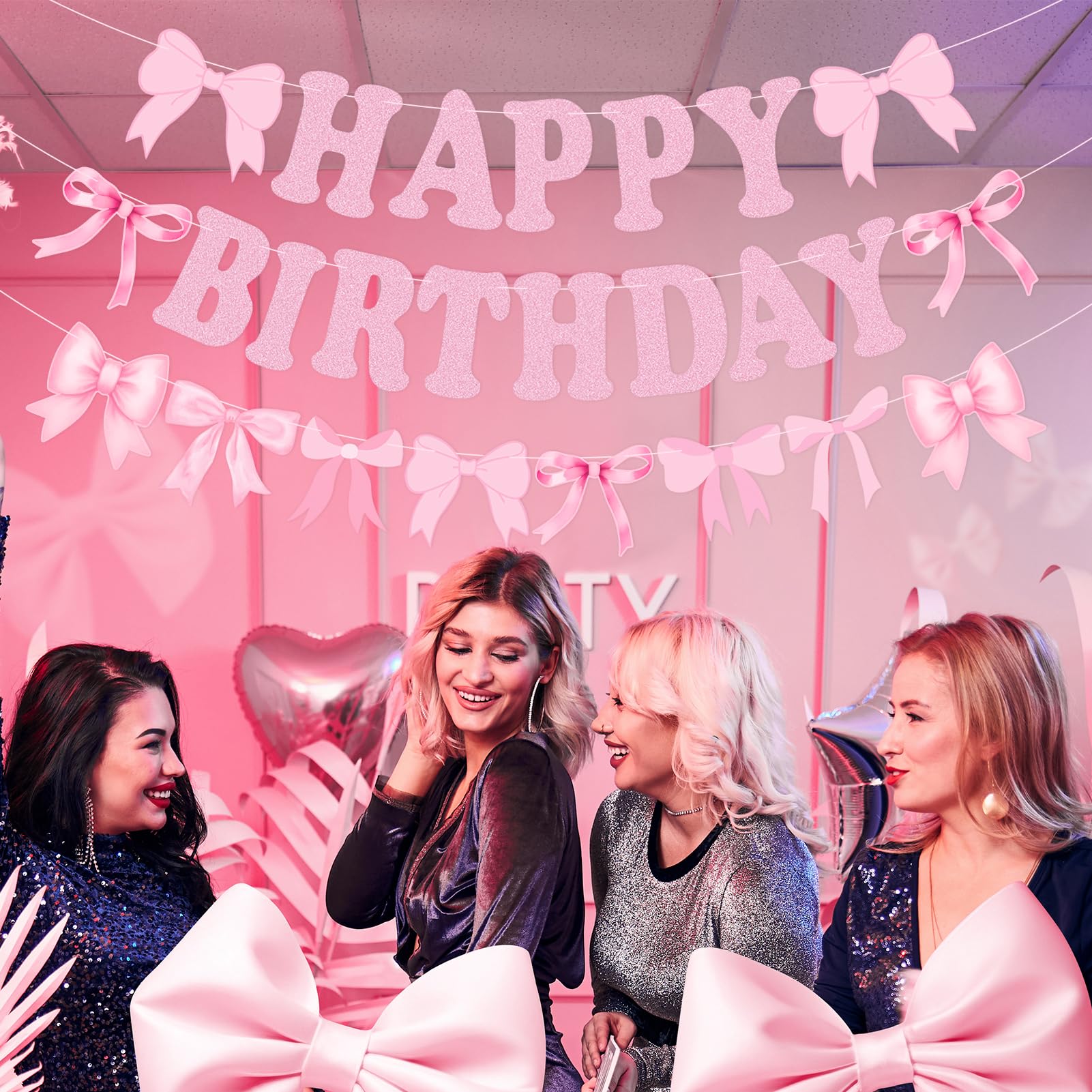 Happy Birthday Banner with Pre-Strung Pink Bows - Elegant Garland for Women & Girls Birthday Party Decorations | Perfect for Baby Showers, Bridal Showers, and Birthday Party Backdrops