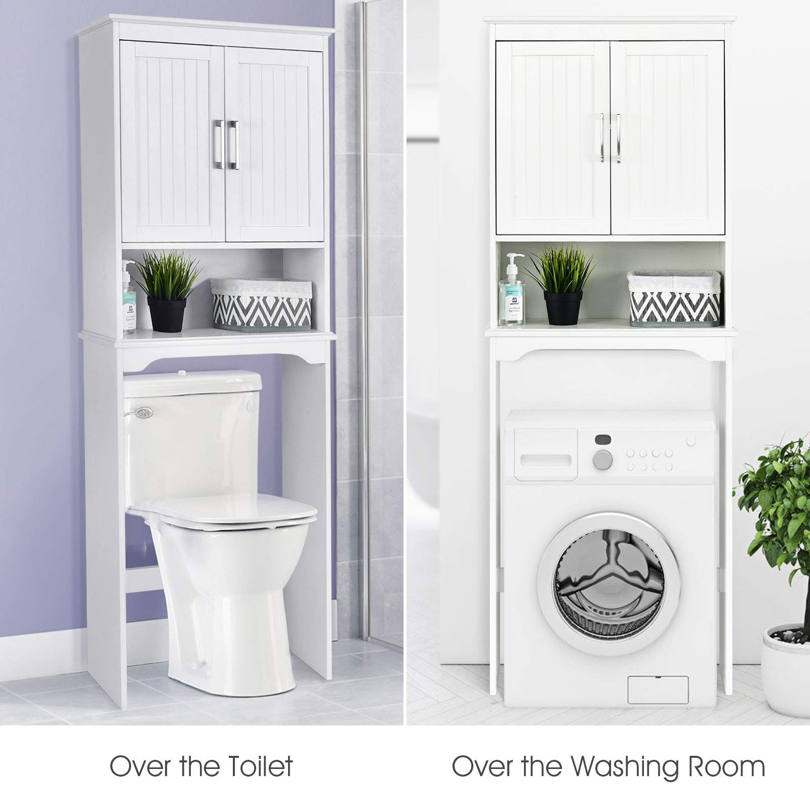 Over The Toilet Storage Cabinet - White Bathroom Organizer with Adjustable Shelves & Double Doors (25