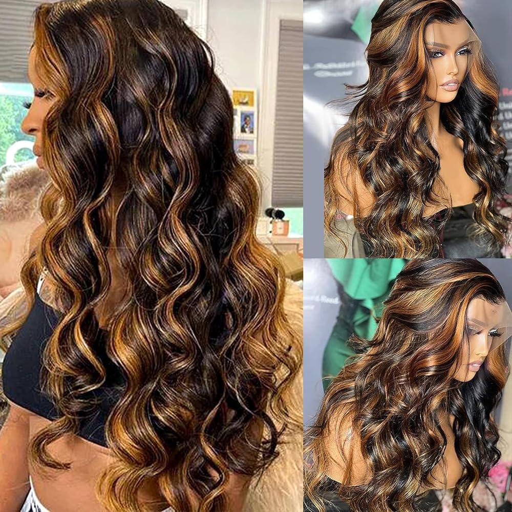 10 Pairs Body Wave Ombre 1B/27 Black Brown Highlight Human Hair Wigs - 180% Density Brazilian Remy Hair - 13x6 HD Invisible Lace Front Wig (24 Inch) - Perfect for Cosplay, Daily Wear & Special Occasions