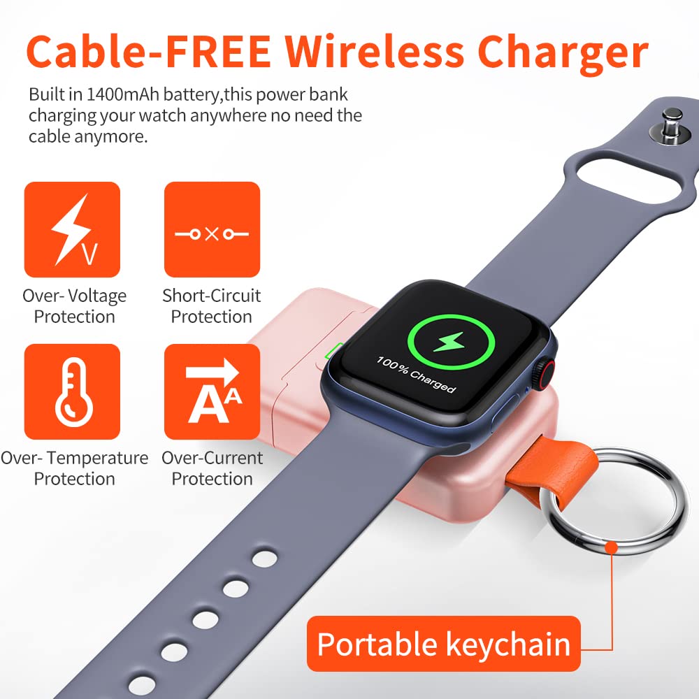 HUOTO 1400mAh Portable Wireless Charger for Apple Watch Series 9/8/7/6/SE/5/4/3/2/1/Ultra/Ultra 2 - Magnetic Keychain Power Bank for iWatch - Perfect for Travel, Gym & Outdoor Activities