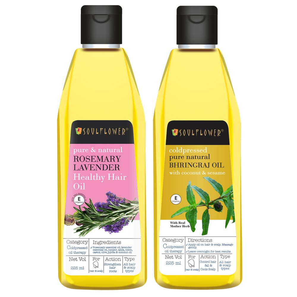 Soulflower Rosemary Lavender Bhringraj Hair Oil for Hair Growth - 100% Pure Natural Cold Pressed Hair Treatment (225ml x 2 Pack) | Strengthens & Nourishes Hair Roots | Perfect for Daily Scalp Massage & Overnight Hair Care