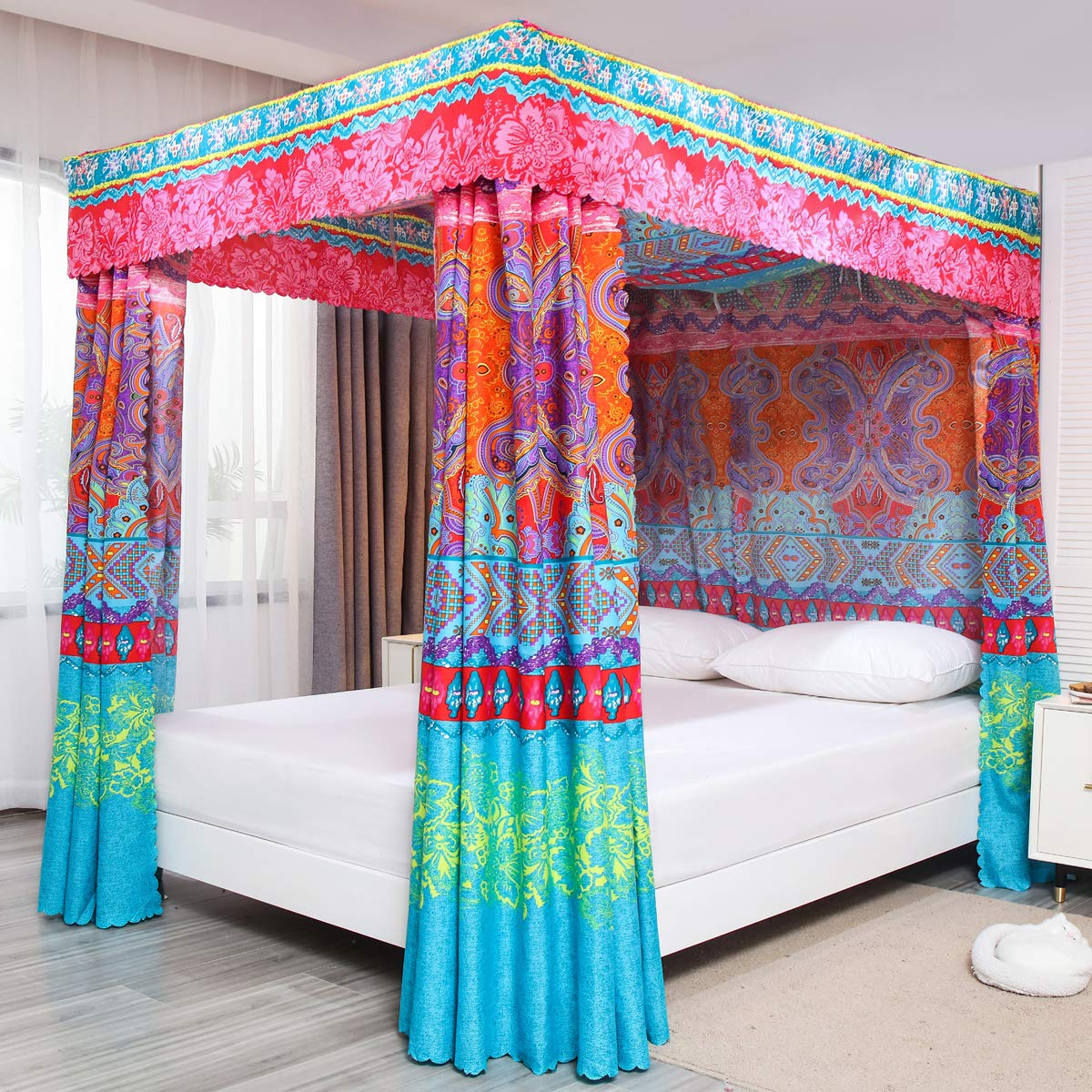 Bohemian 4 Corner Post Bed Canopy Curtain - Twin Size Red Bed Drapes for Adults & Girls, Perfect for Bedroom Decor, Princess Style Canopy Beds & Boho Chic Room Design