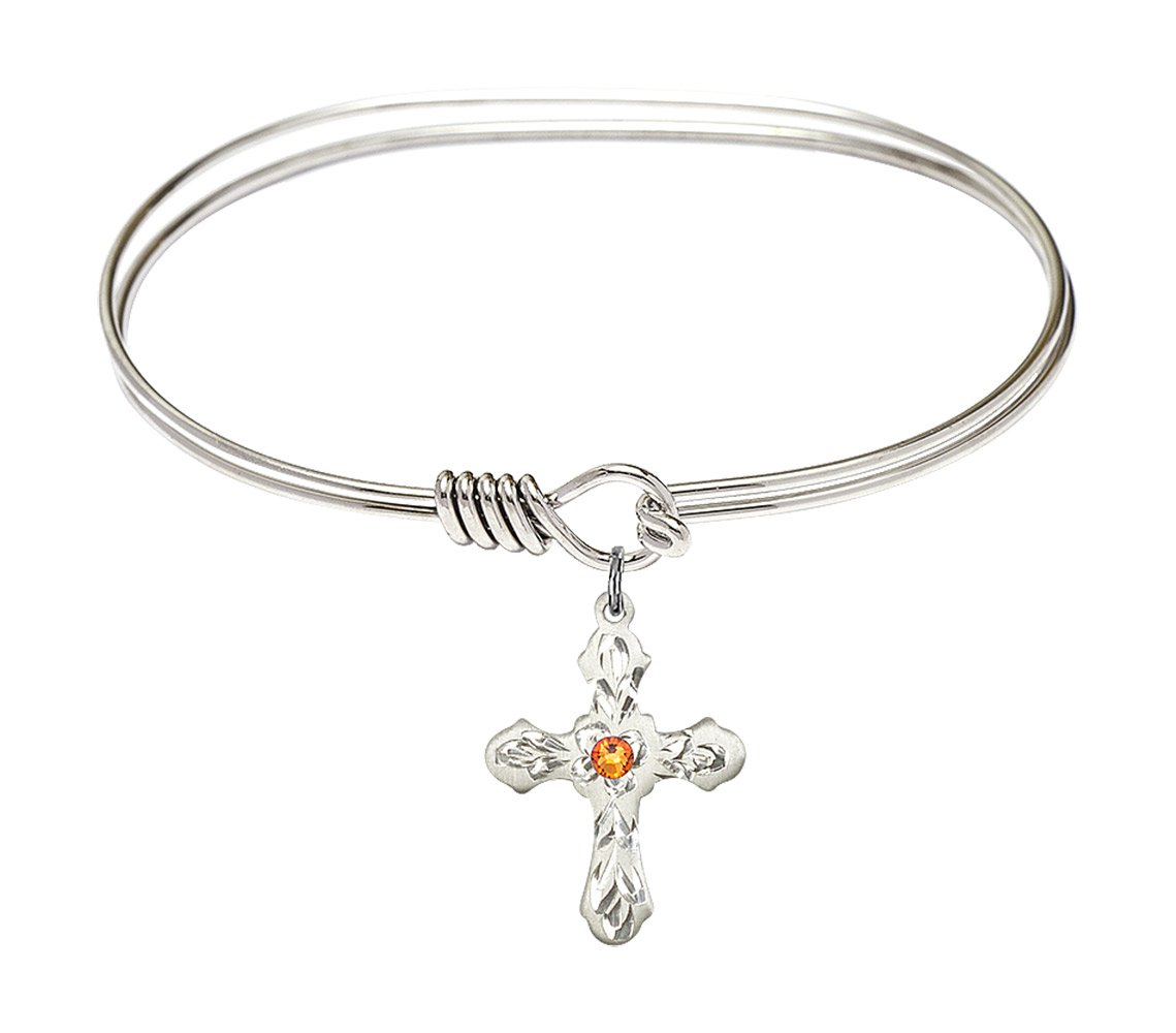7 Inch Oval Eye Hook Bangle Bracelet with Cross Medal Charm & November Yellow Crystal - Elegant Jewelry for Women, Perfect for Church, Weddings, and Special Occasions