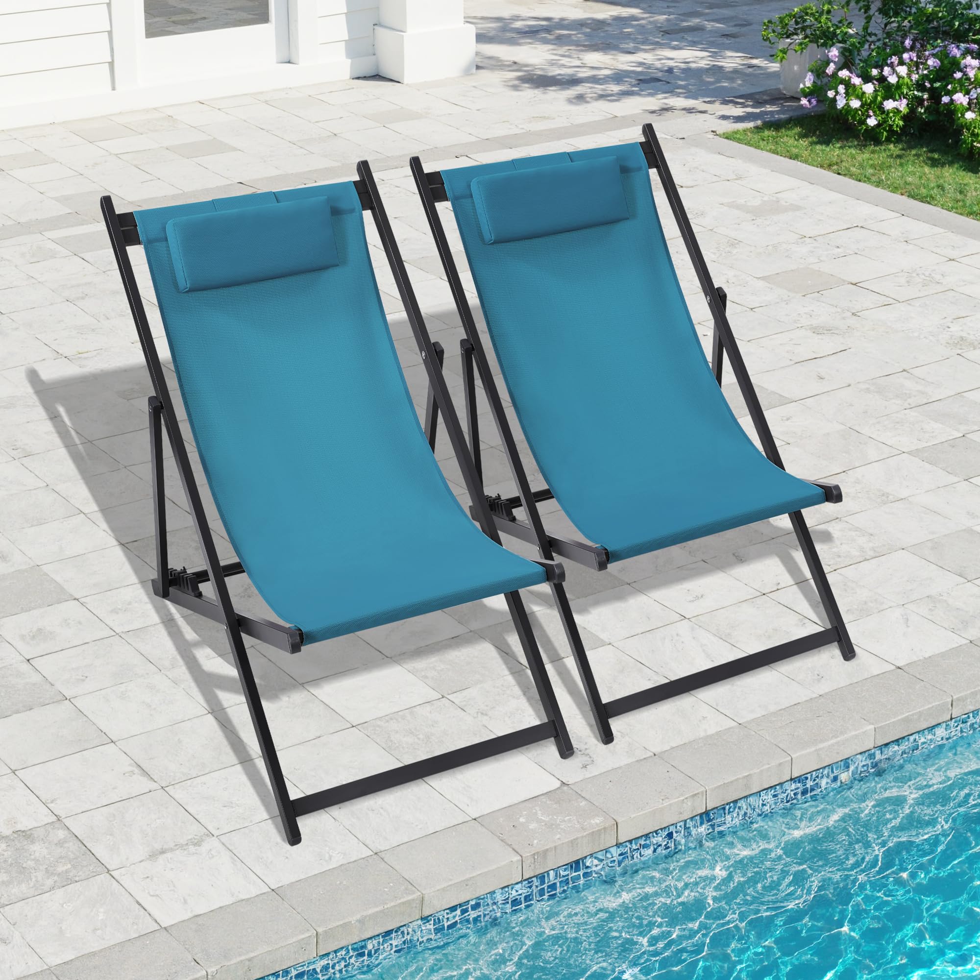 2 Pack UV-Resistant Waterproof Outdoor Patio Sling Chairs - Lightweight Foldable Aluminum Frame - Perfect for Backyard, Poolside, Beach & Garden Relaxation - Blue