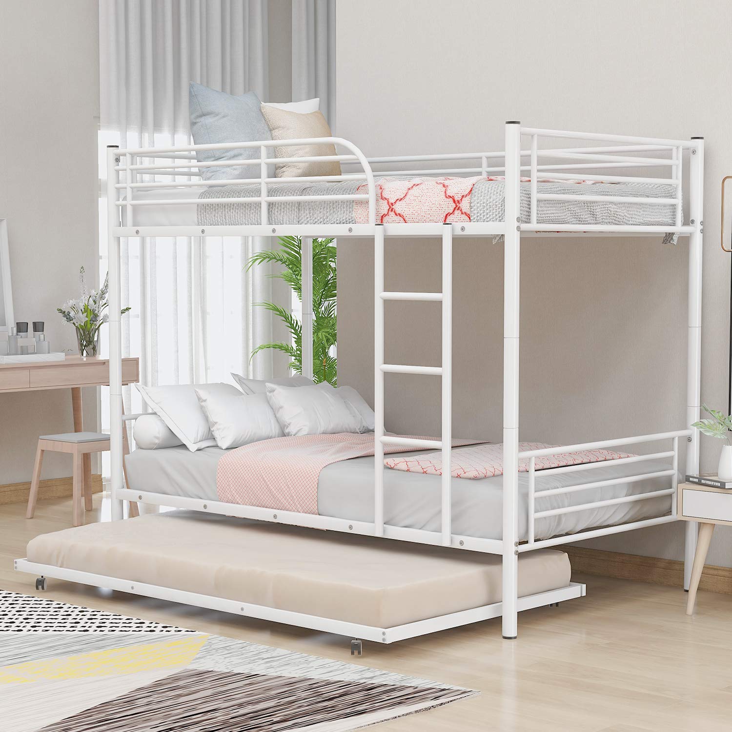 KLMM Heavy Duty Metal Bunk Bed - Twin Over Twin with Trundle, Guardrails & Ladder - Convertible to 2 Separate Beds - No Box Spring Needed - Perfect for Kids' Bedrooms, Guest Rooms & Small Spaces