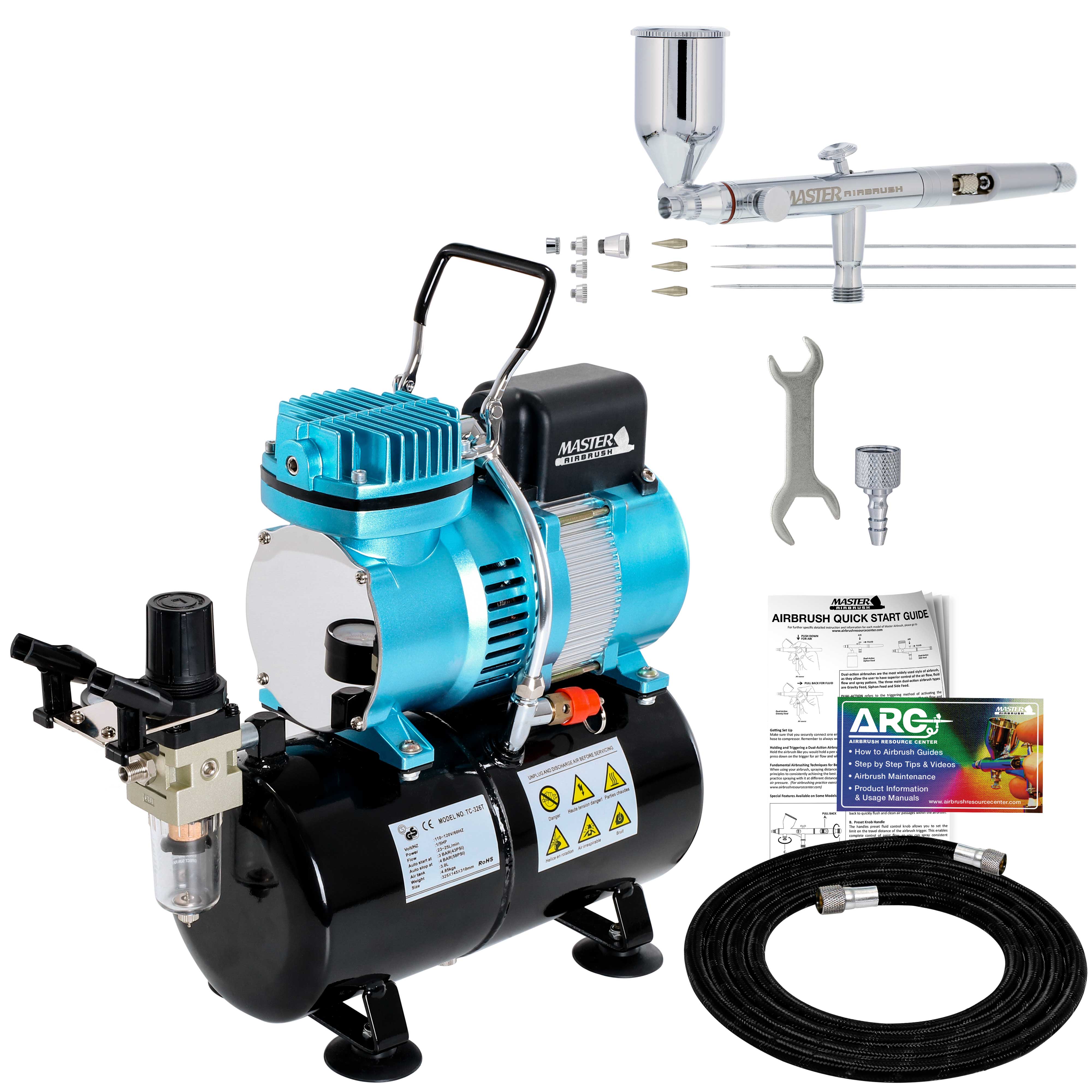 Pro Set Dual Action Side Feed Airbrush Kit with Cool Runner II Dual Fan Air Tank Compressor - 3 Nozzle Sets (0.3mm, 0.5mm, 0.8mm) & How-To Guide - Perfect for Model Painting, Cake Decorating & DIY Art Projects