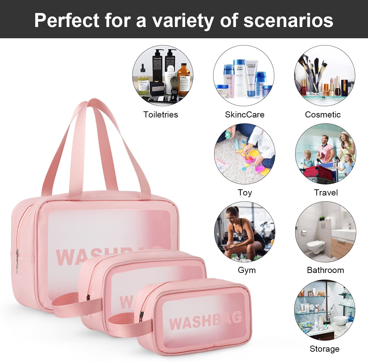 Jippco 3-Pack Clear Waterproof Travel Toiletry Bag Set - Portable Cosmetic & Makeup Organizer for Women & Men - Ideal for Air Travel, Gym, Camping & Daily Use