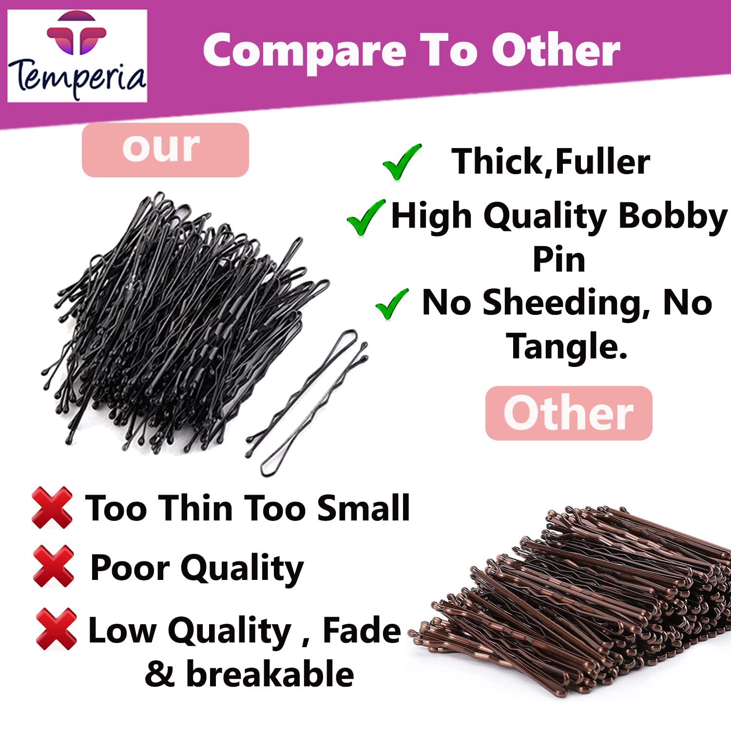 Temperia Bobby Hair Pins for Women & Girls - 100 Pack Small Hair Clips (5cm) | Stylish Hairpins for Hairstyling, Updos & Braids | Hair Accessories for Daily Use, Weddings & Parties (Black)
