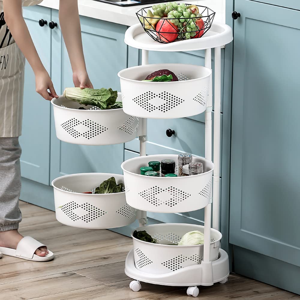 Kaibrite 5-Layer Rotating Kitchen Storage Rack with Wheels, Multi-Layer Revolving Basket Shelf for Kitchen, Bathroom, Laundry Room, Garage, White - Perfect for Organizing Spices, Cleaning Supplies, and Pantry Items