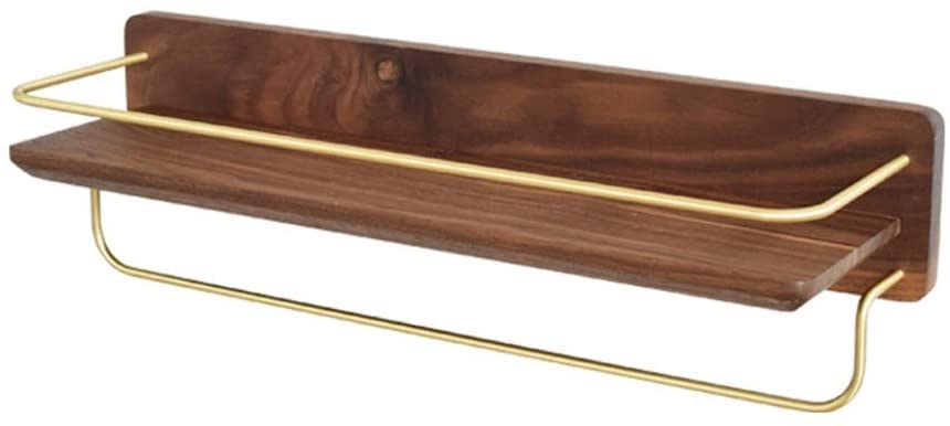 Black Walnut Towel Bar with Brass Double Bar - Wall Mounted Bathroom Towel Rack & Storage Shelf | Space Saving Hanger for Small Bathrooms & Spa Style Decor
