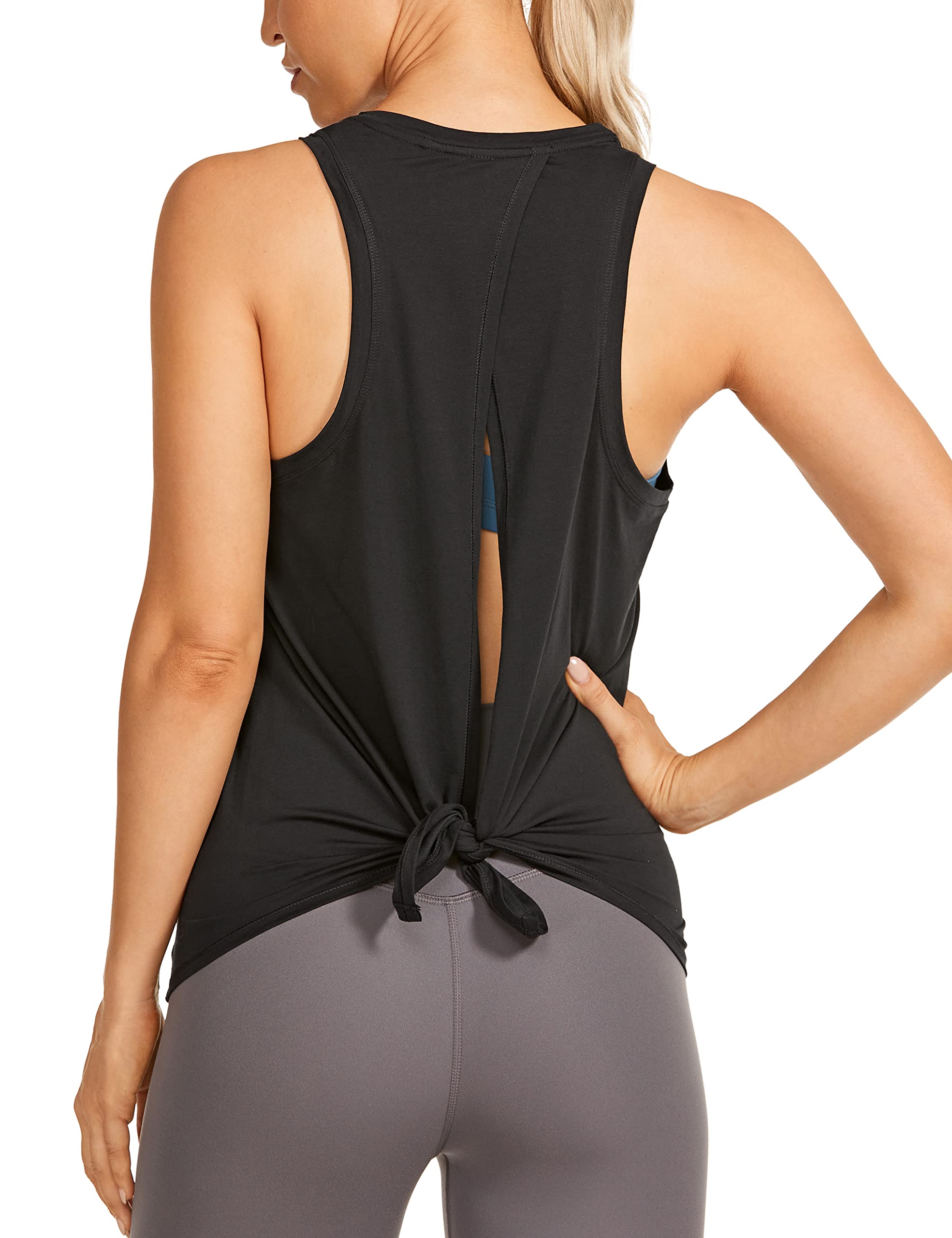 CRZ YOGA Women's Pima Cotton Workout Tank Top - High Neck Tie Back Athletic Shirt for Yoga, Gym & Running - Breathable Loose Fit Exercise Top for Women