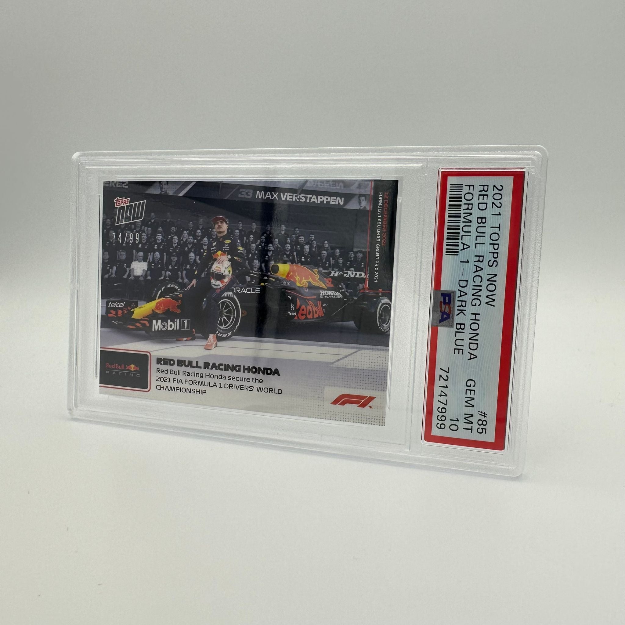 PSA 10 74/99 Red Bull Racing Honda Secure The Drivers' World Championship #85 - Rare Collectible F1 Trading Card for Sports Memorabilia Enthusiasts & Racing Fans