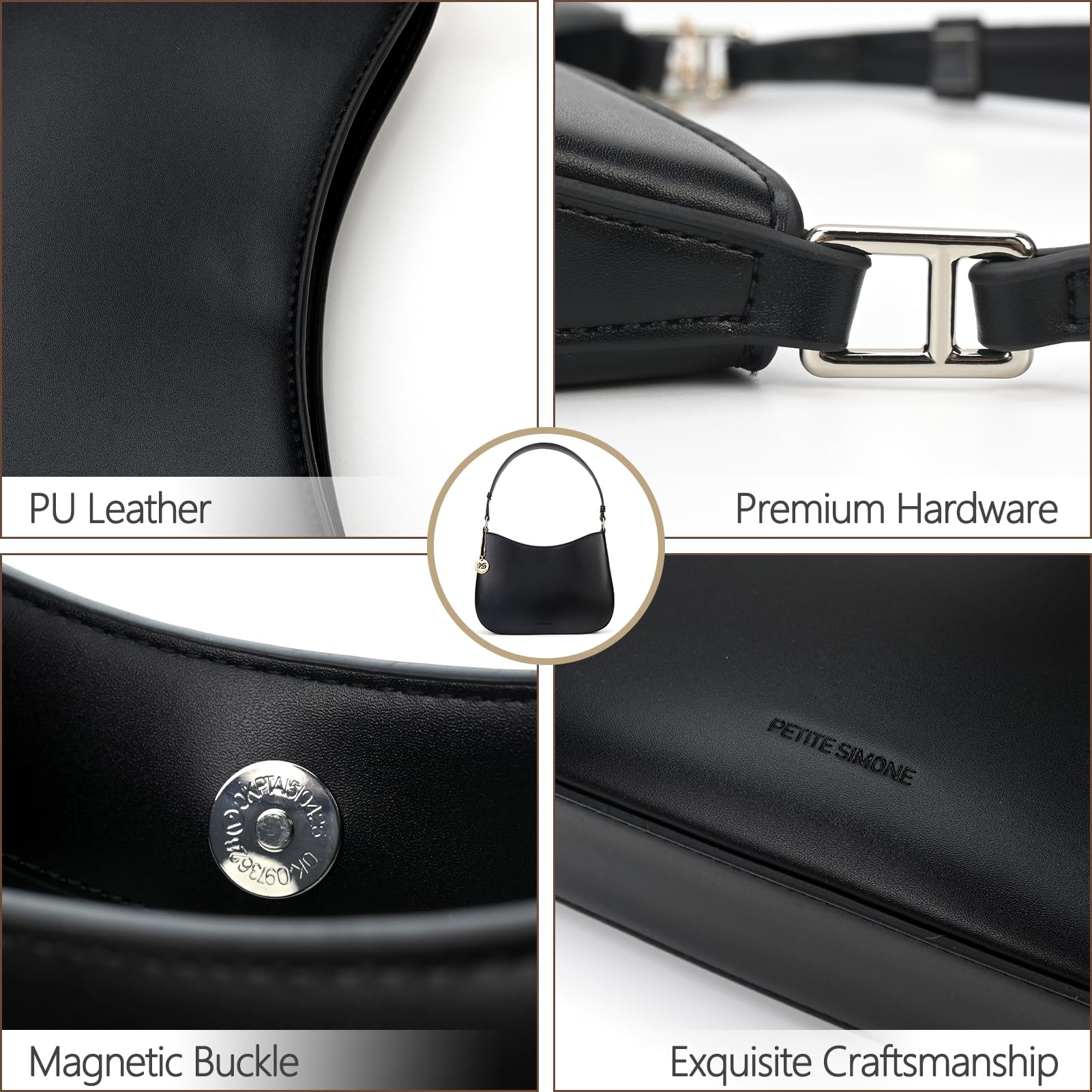 PS PETITE SIMONE Women's Small Shoulder Bag - Black Leather Crossbody Purse for Everyday Use, Work & Travel | Fashionable Handbag for Women