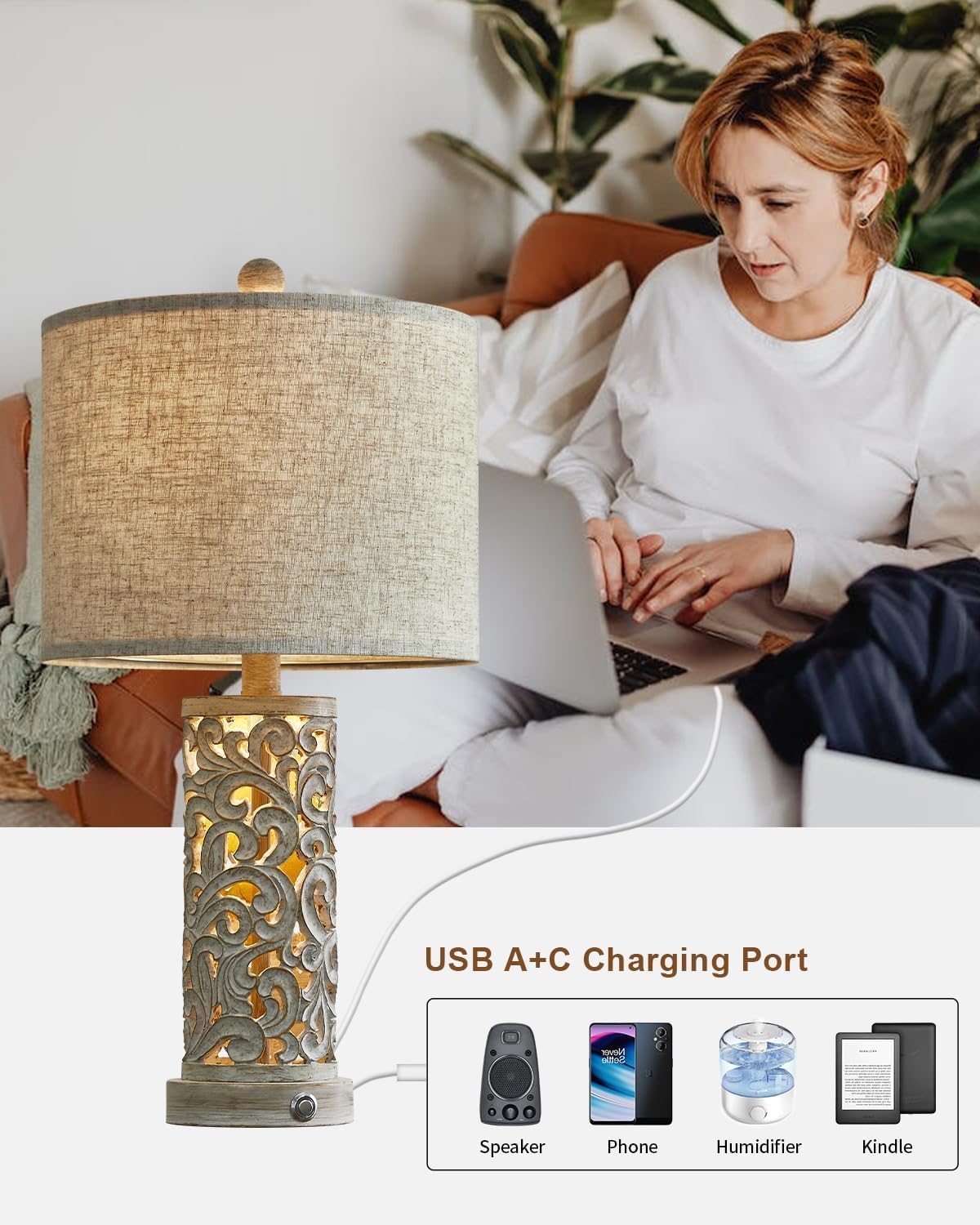 OYEARS 3-Way Dimmable 22'' USB A+C Touch Control Table Lamp with Nightlight - Modern Bedside Lamp for Living Room, Bedroom, Office & Nursery - Includes LED Bulb (Warm White/Cool White) - Perfect for Reading, Working & Relaxing at Night