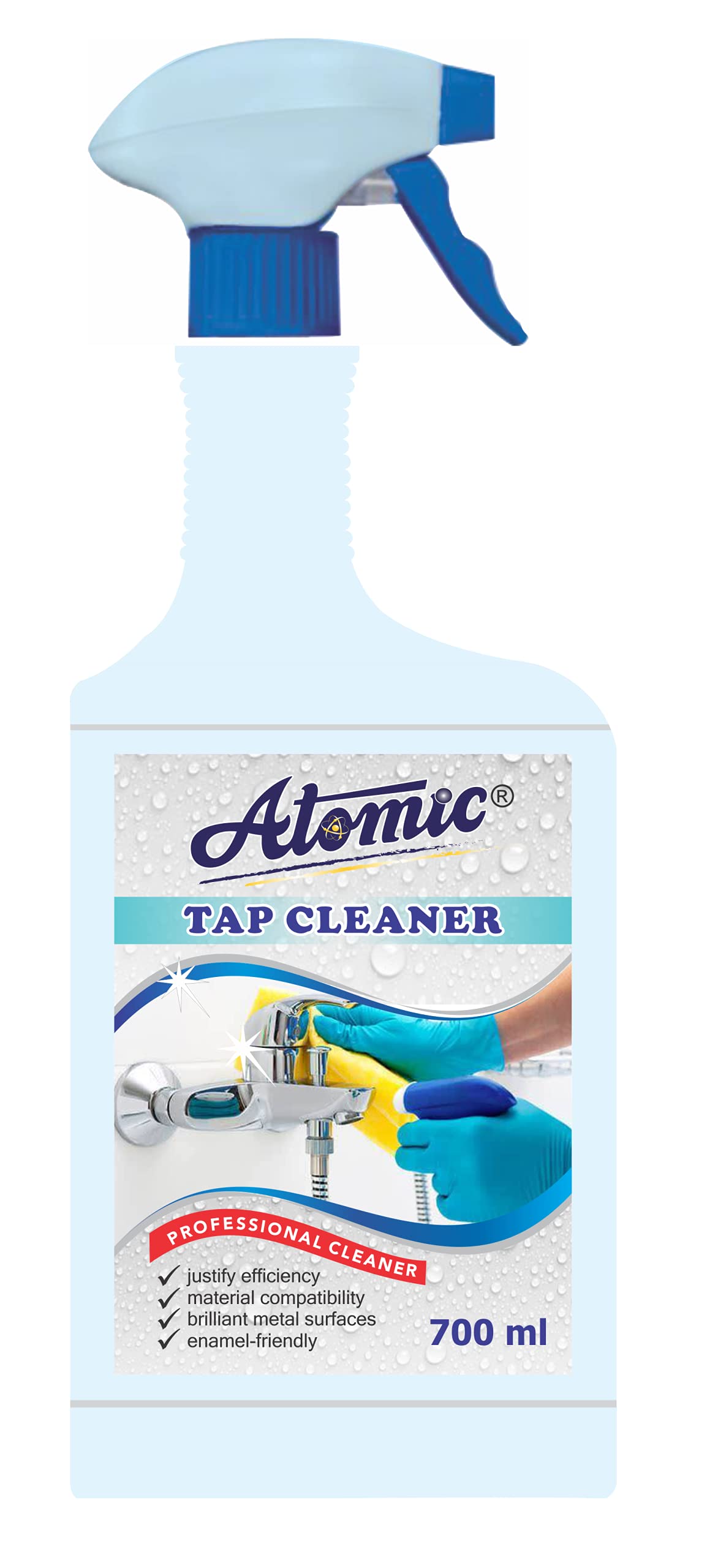 Atomic 700ml Tap Cleaner - Remove Hard Water Stains & Limescale from Bathroom Sink, Kitchen Faucets & Shower Heads | Fast Acting Formula for Sparkling Fixtures | Ideal for Homes, Restaurants & Hotels