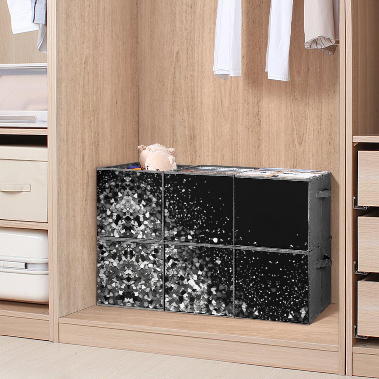 Black & White Glitter Collapsible Storage Bins - 6-Pack Foldable Storage Baskets with Handles, Large Closet Organizer for Clothes, Toys & Home Organization - Perfect for Bedroom, Closet & Kids Room Storage