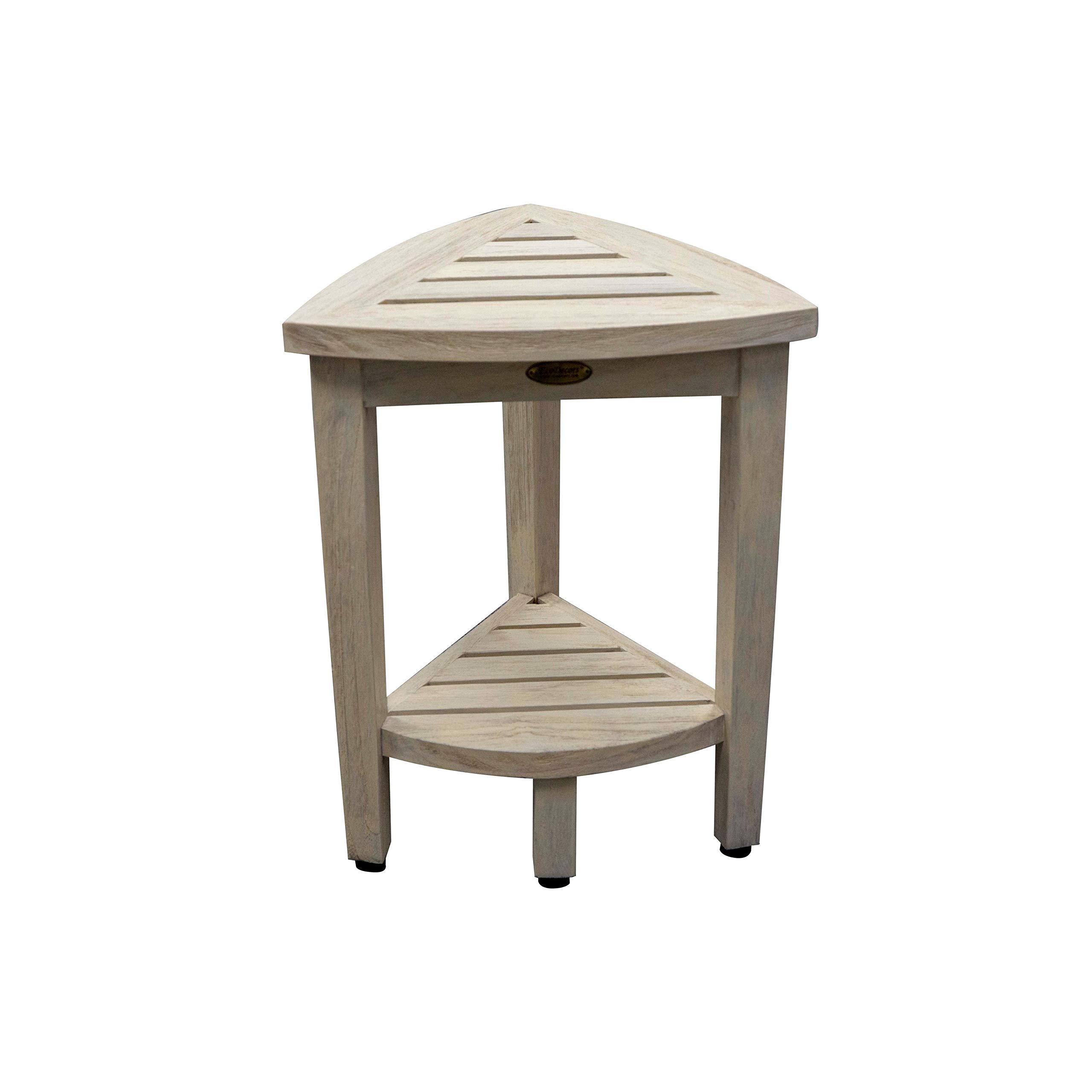 Compact Solid Teak Corner Shower Bench with Coastal Driftwood Finish - Waterproof Shaving Stool for Bathroom, Spa & Nautical Decor - Perfect for Small Spaces & Coastal Style Homes