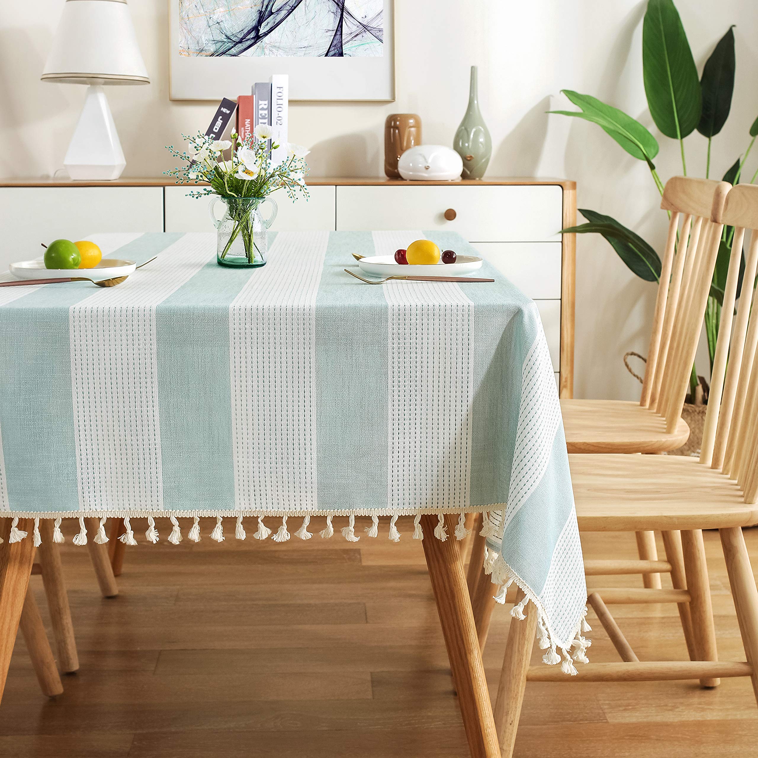 AmHoo Striped Cotton Linen Tablecloth - 54x102 Inch Teal Rectangle Kitchen Dining Table Cover with Tassel Stitching | Dust-Proof & Stylish for Home Decor, Dinner Parties & Holiday Gatherings