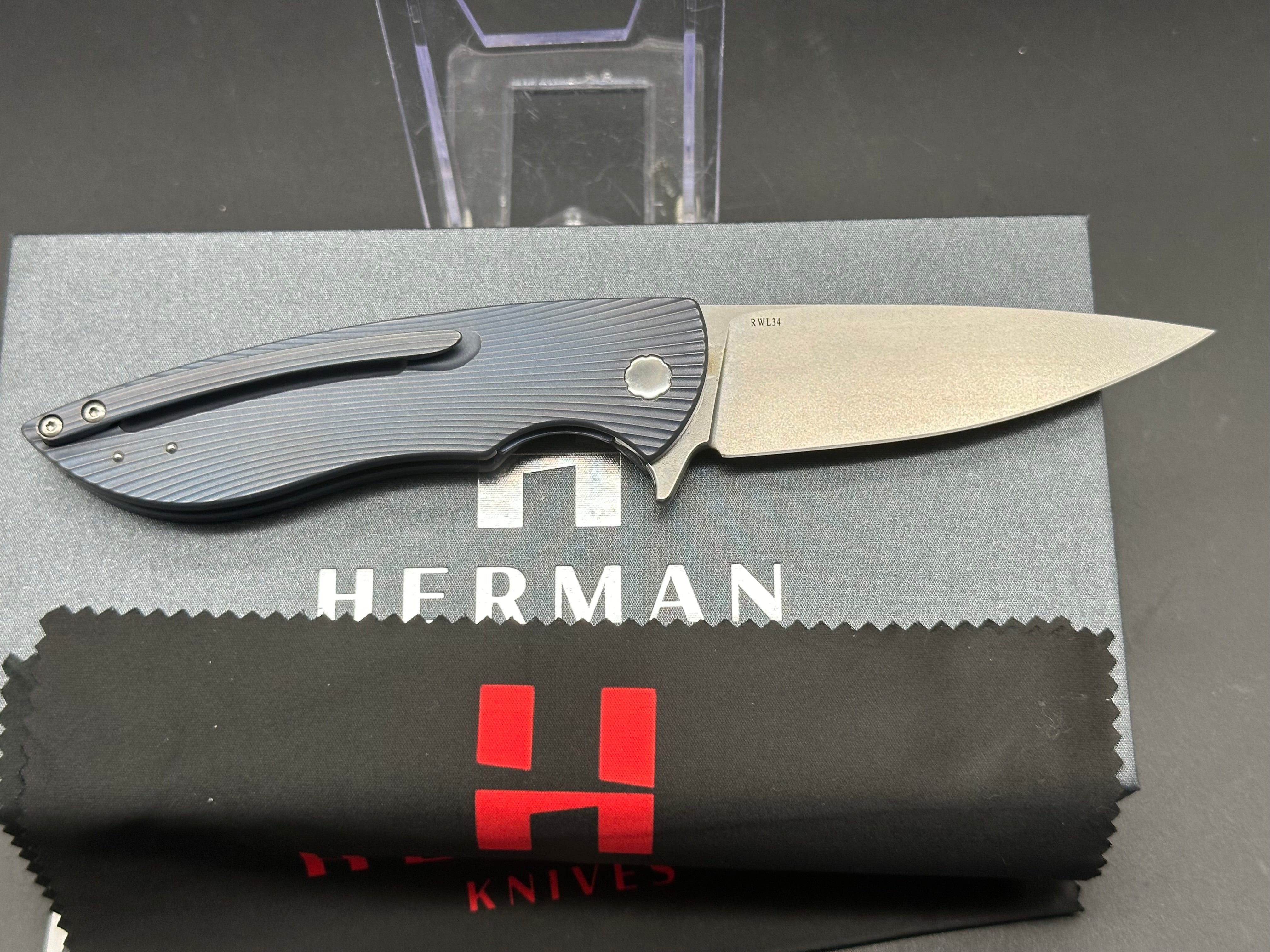 Premium Herman Sting Folding Knife - Blue Titanium Handle with RWL34 Stainless Steel Blade for Outdoor, Camping & EDC Use