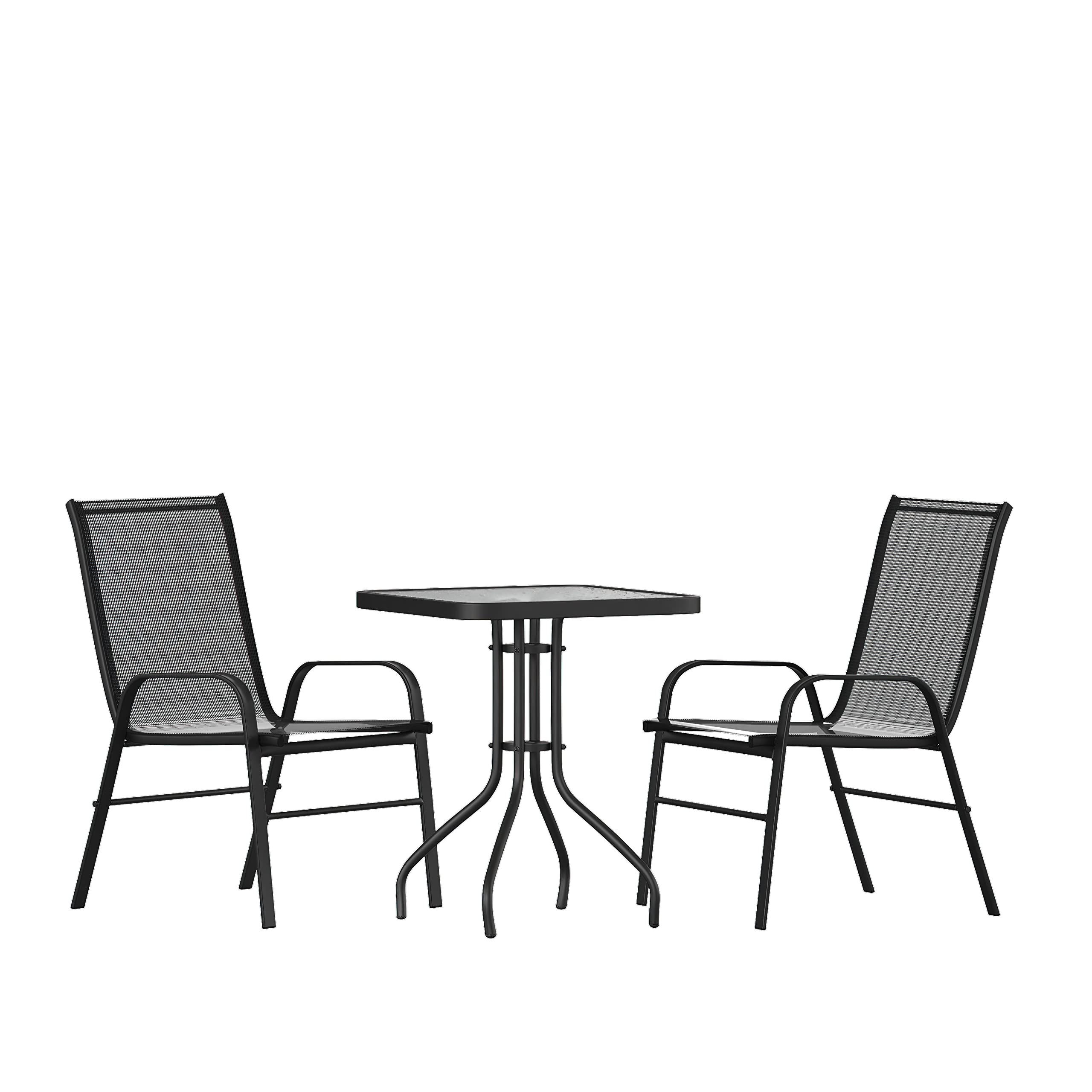 3-Piece Outdoor Patio Dining Set with 2 Black Flex Comfort Stackable Chairs & 23.5