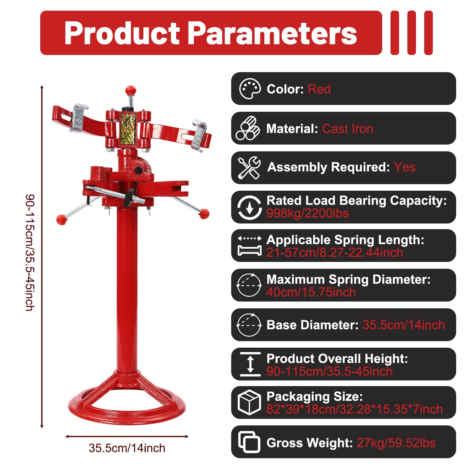 Heavy Duty Auto Spring Compressor Tool - Adjustable Height (35.5-45 Inches) 2200 Lbs Capacity for Vehicle Strut Spring Removal - Red - Perfect for DIY Car Repair & Suspension Maintenance