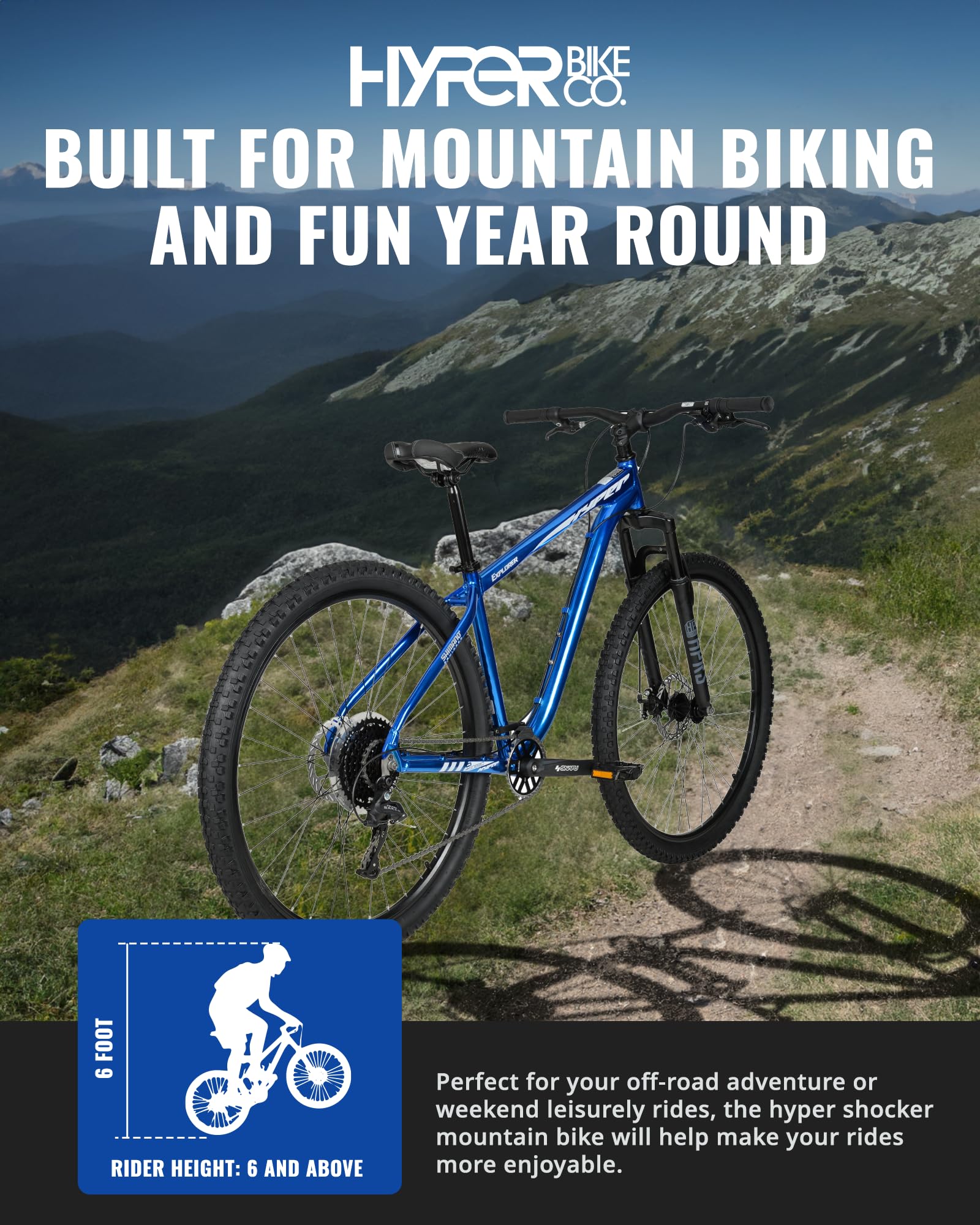 **29 Inch Hyper Mountain Bike for Men & Women - Lightweight Aluminum Hardtail Frame, Shimano 9-Speed Shifters - Perfect for Trail Riding & Outdoor Adventures (Blue)**