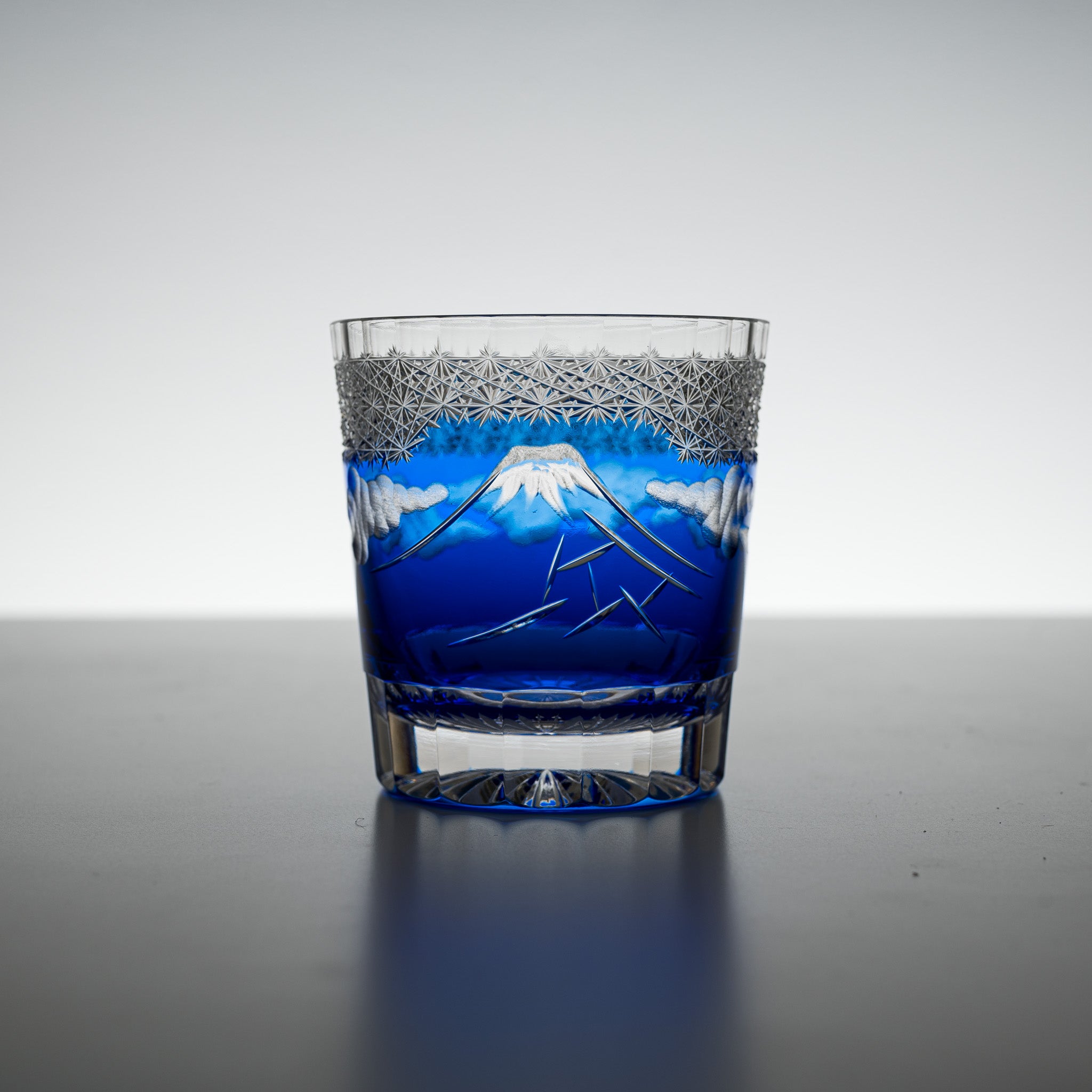 Yamada Crystal Glass Rock Glass with Mt Fuji Design - Blue Whiskey Tumbler for Bourbon, Scotch & Cocktails - Perfect for Home Bar, Gifts & Parties