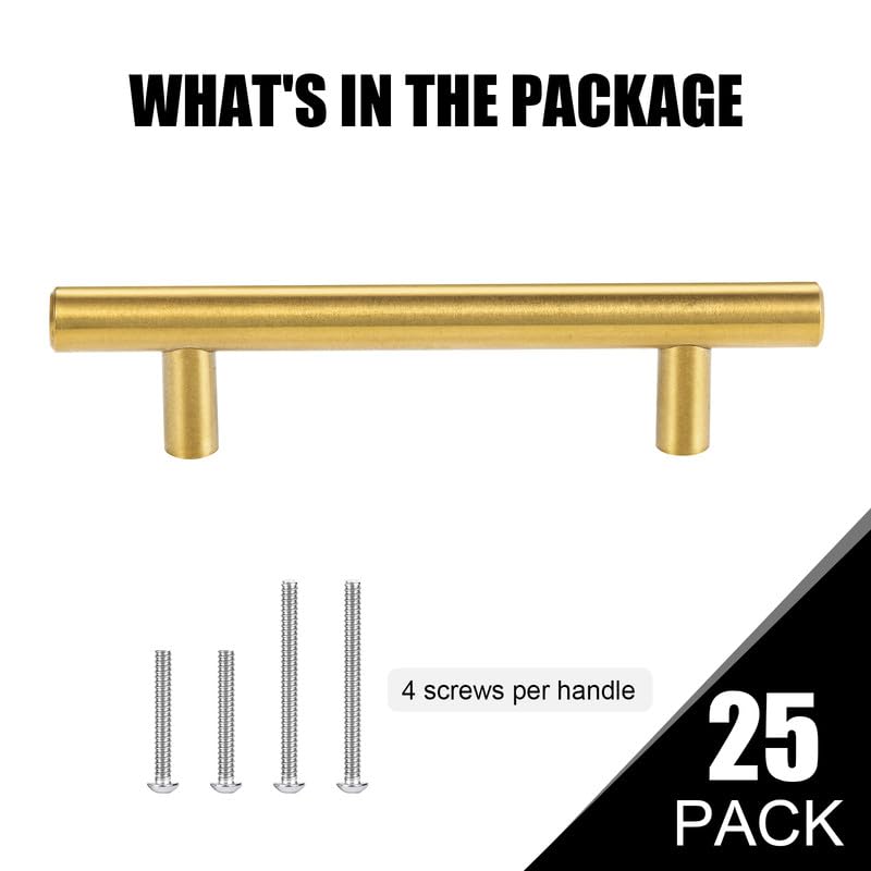 25 Pack 6 Inch Stainless Steel Cabinet Pulls - Brushed Brass Drawer Handles for Kitchen, Dresser & Cupboard - 3.5