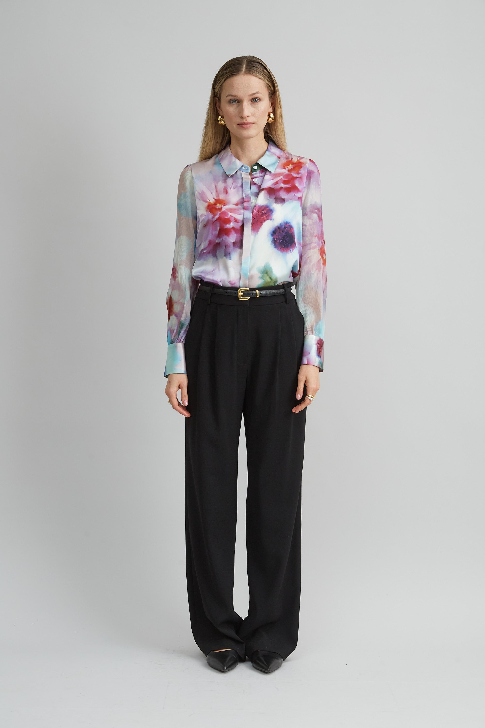 Stylish Mixed Media Silk Floral Shirt for Women - Elegant Blouse with Floral Print for Casual Wear, Office & Special Occasions