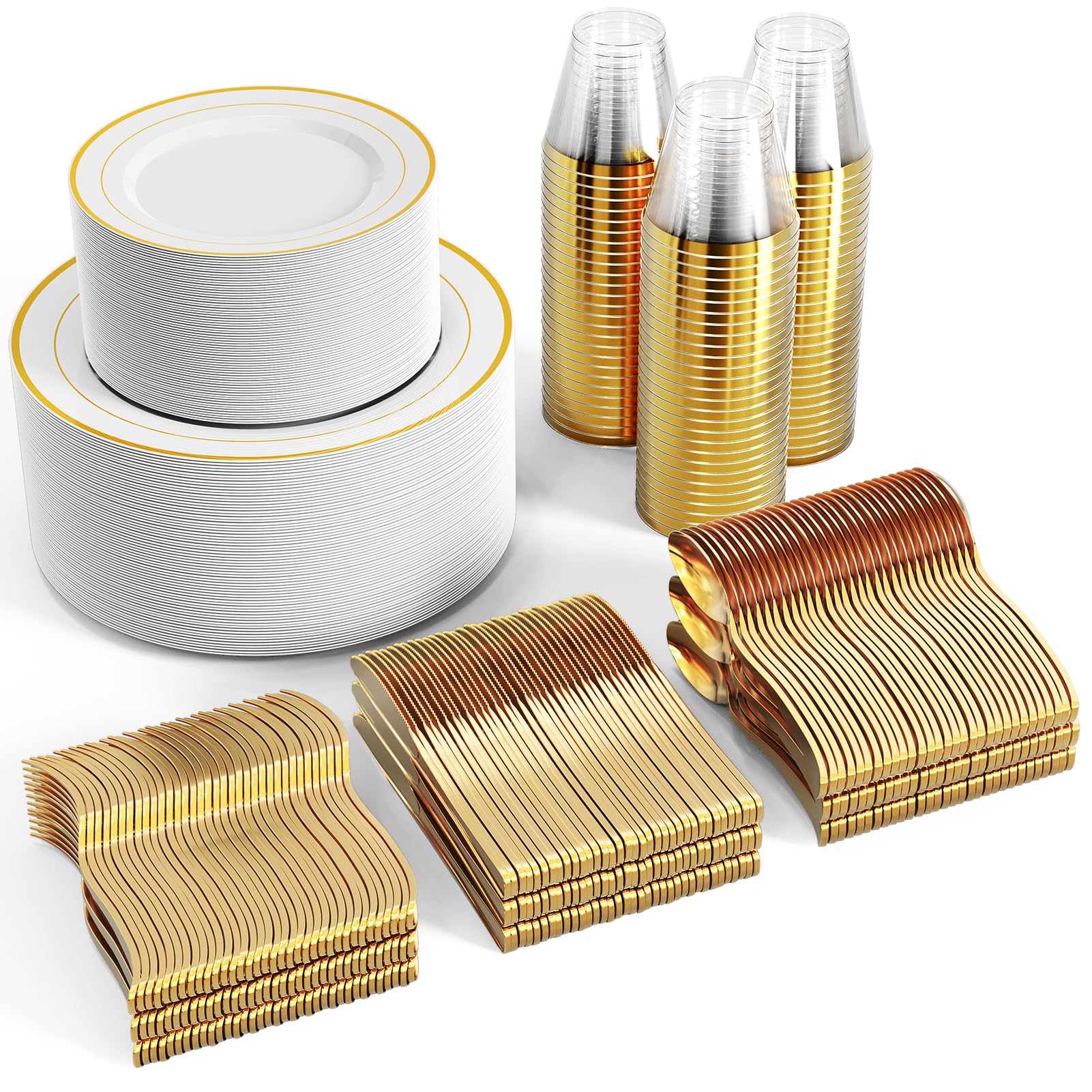 Gold Disposable Dinnerware Set - 600 Ct White Plastic Plates with Gold Rim for Wedding & Party