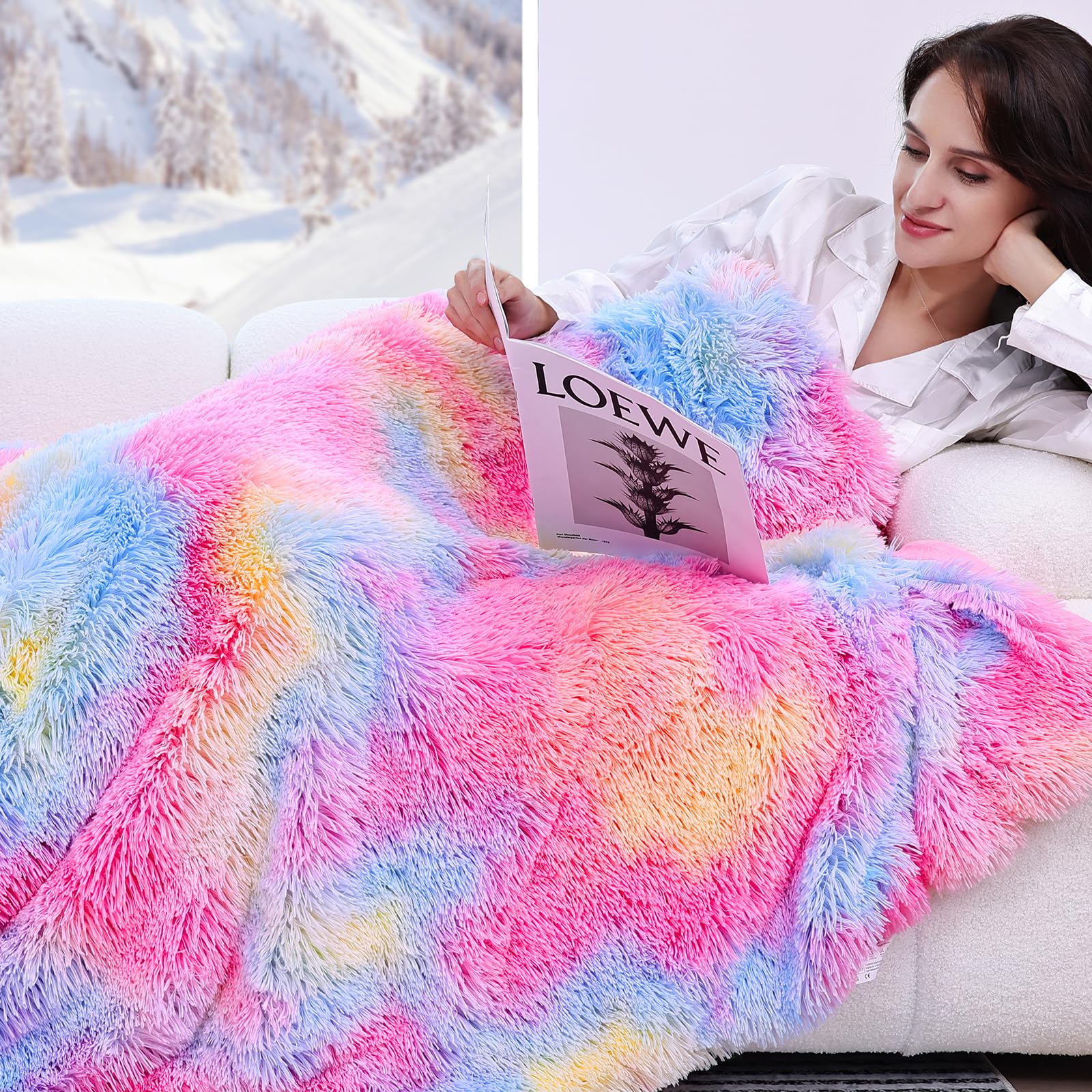 Rainbow Faux Fur Blanket Queen Size - Reversible Fluffy Plush Throw for Bed, Couch & Sofa - Soft Cozy Shaggy Tie Dye Decorative Blanket for Winter Nights, Movie Time & Home Decor