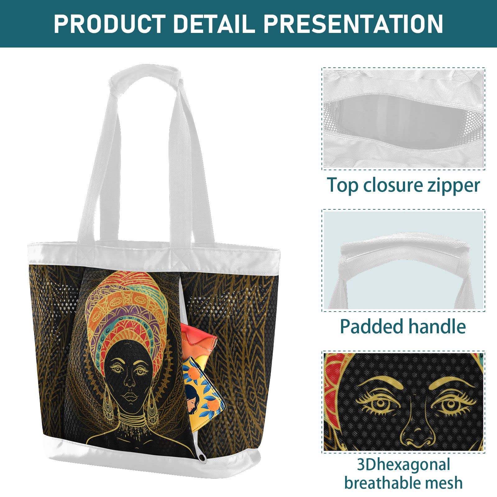 J JOYSAY African Print Mandala Mesh Beach Tote Bag - Large Waterproof Sandproof Beach Bag for Women, Travel, Pool & Vacation - Perfect for Carrying Toys, Towels & Essentials to Beach, Park & Picnic